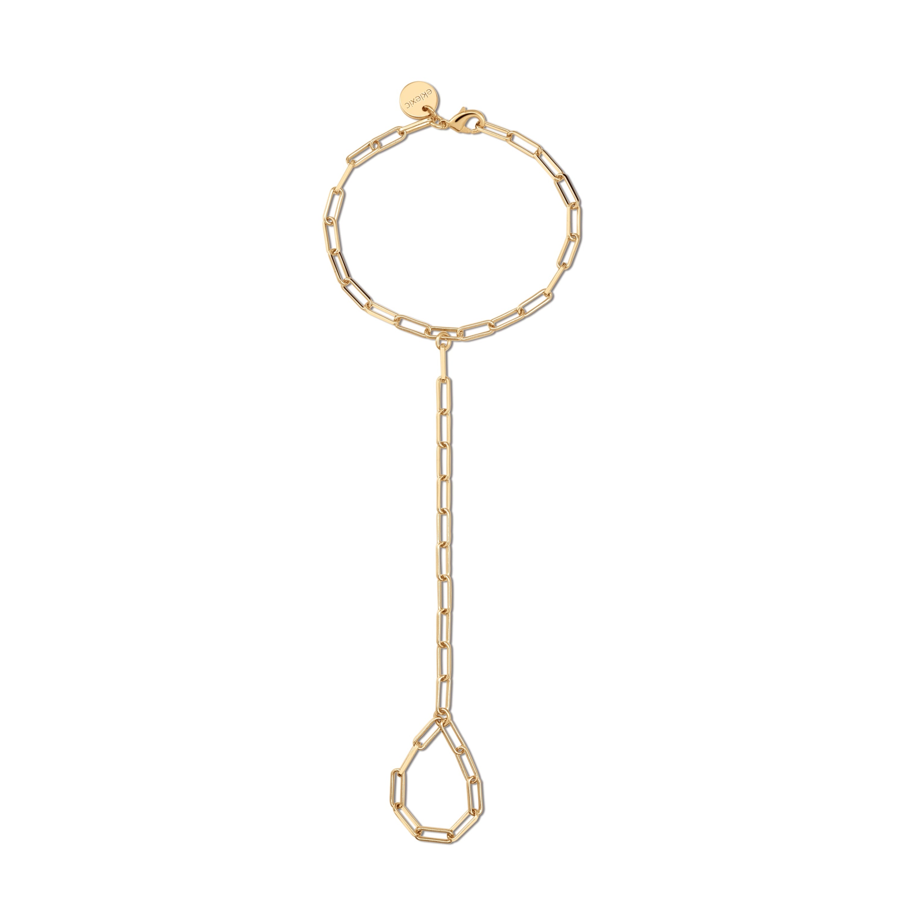 Gold-toned Ellie Hand Chain bracelet made from recycled brass for eco-conscious elegance