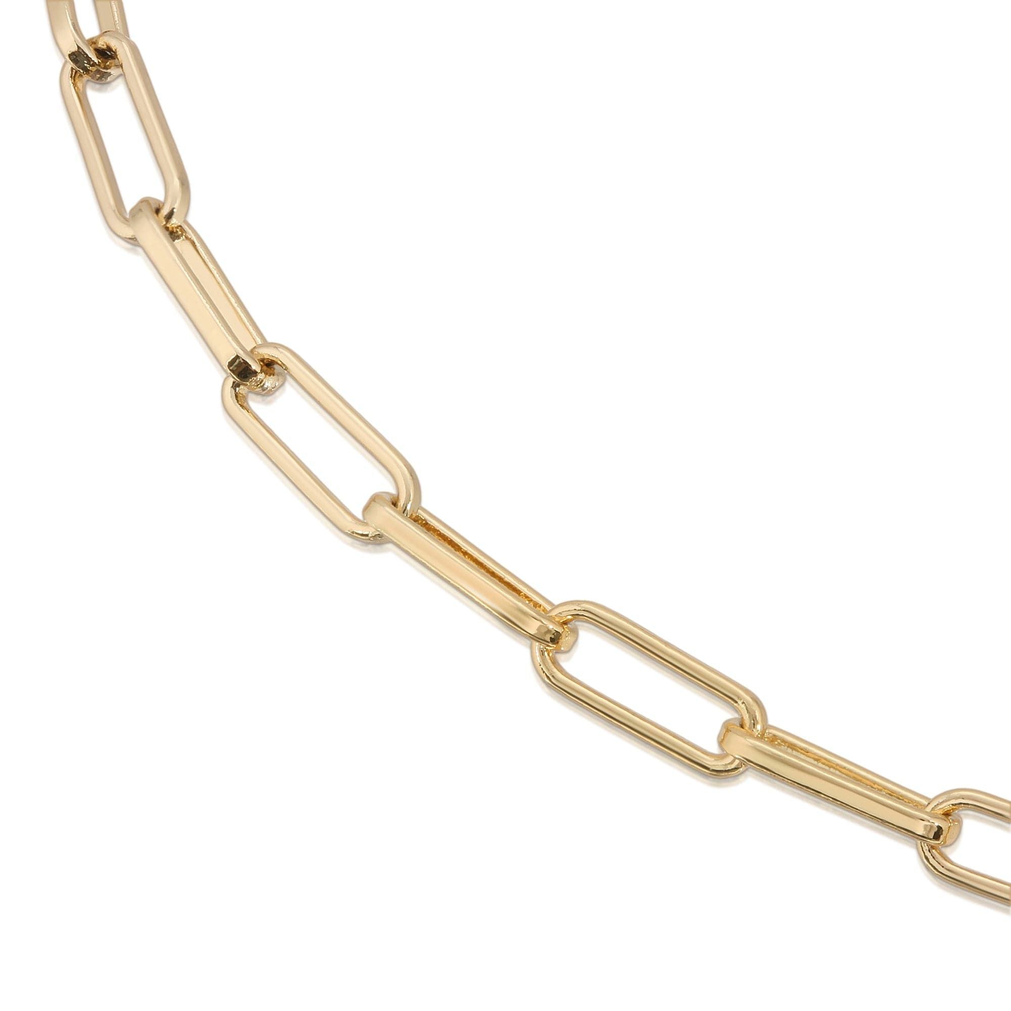 Gold chain anklet with rectangular brass paper clip links and protective coating for durability