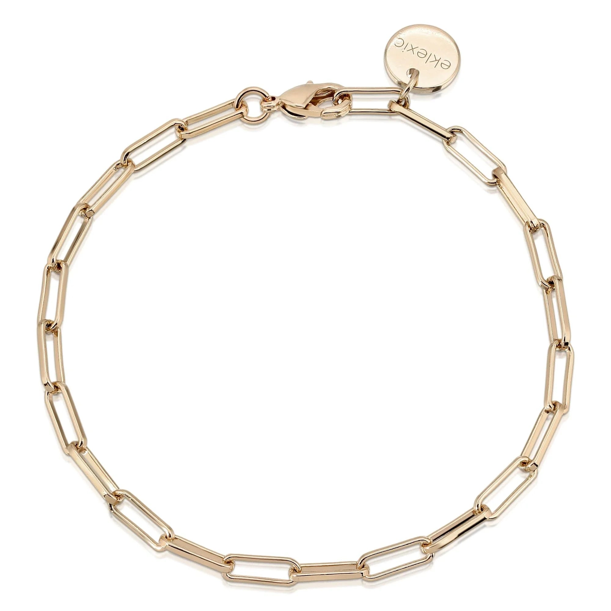 Gold-toned chain link bracelet with brass paper clip design and protective coating