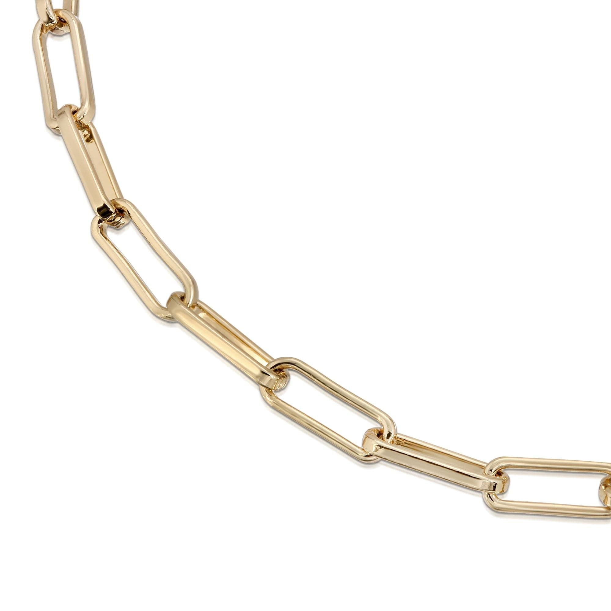 Gold chain necklace featuring an elongated link chain with recycled brass plating