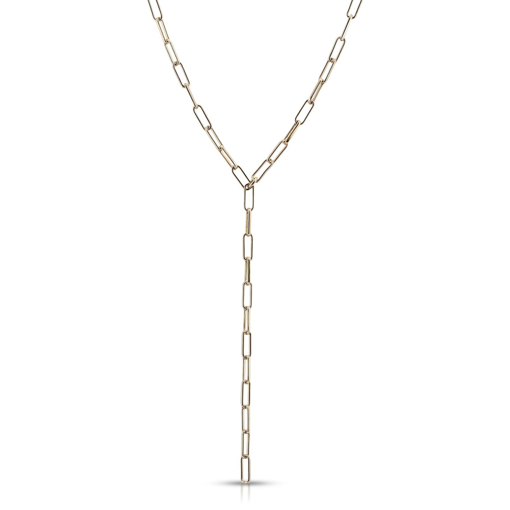 Gold-toned elongated link lariat necklace made of recycled brass plated chain links