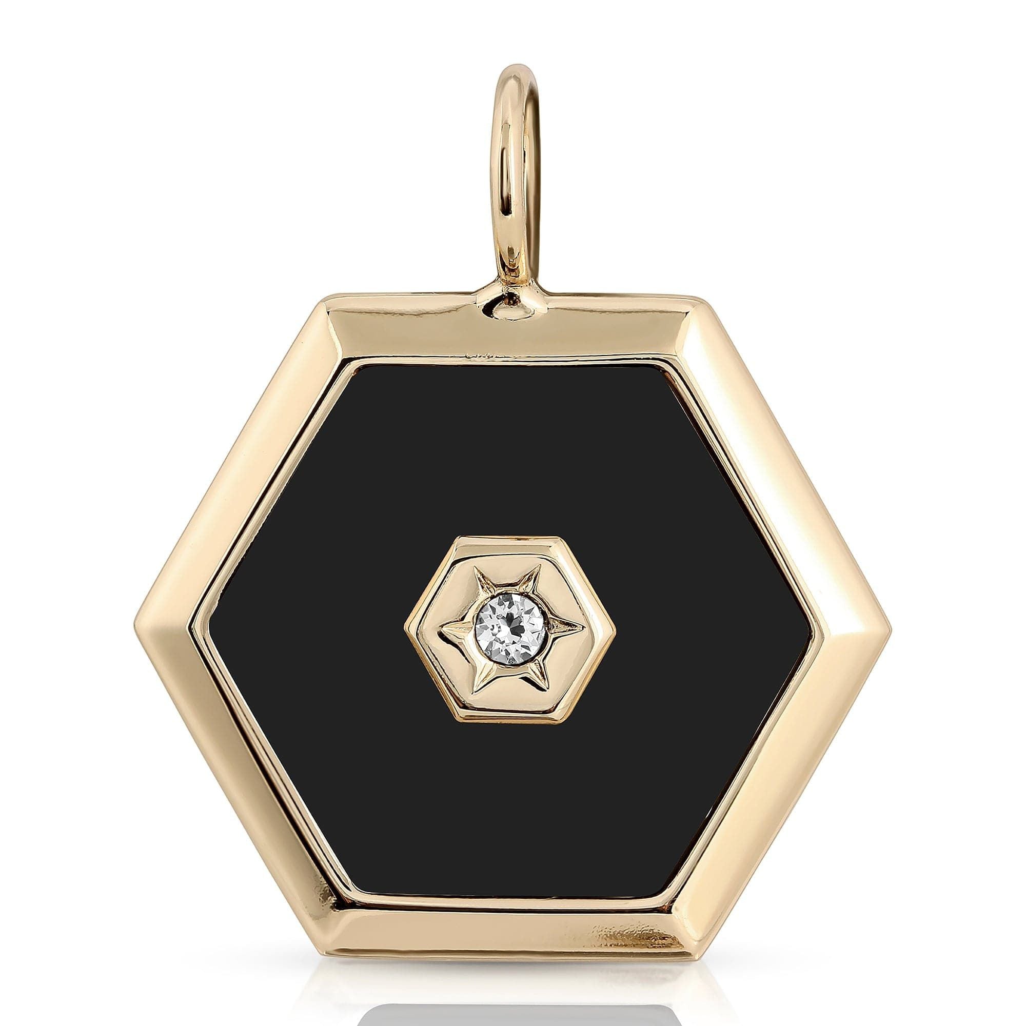 Gold-framed Ashley Pendant, hexagonal shape, black inlay, and central diamond detail