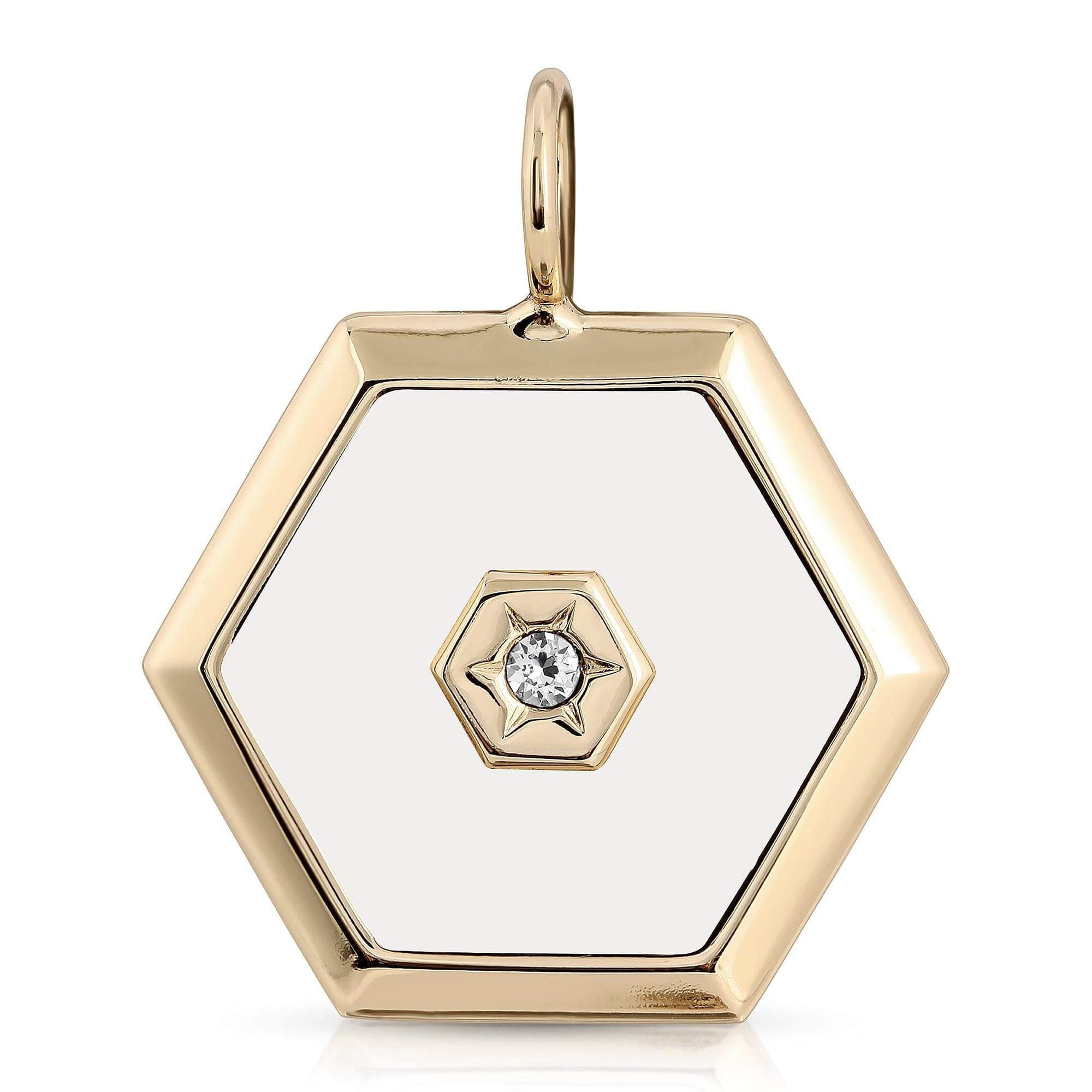 Gold-trimmed hexagonal Ashley Pendant with diamond in recycled brass plated design