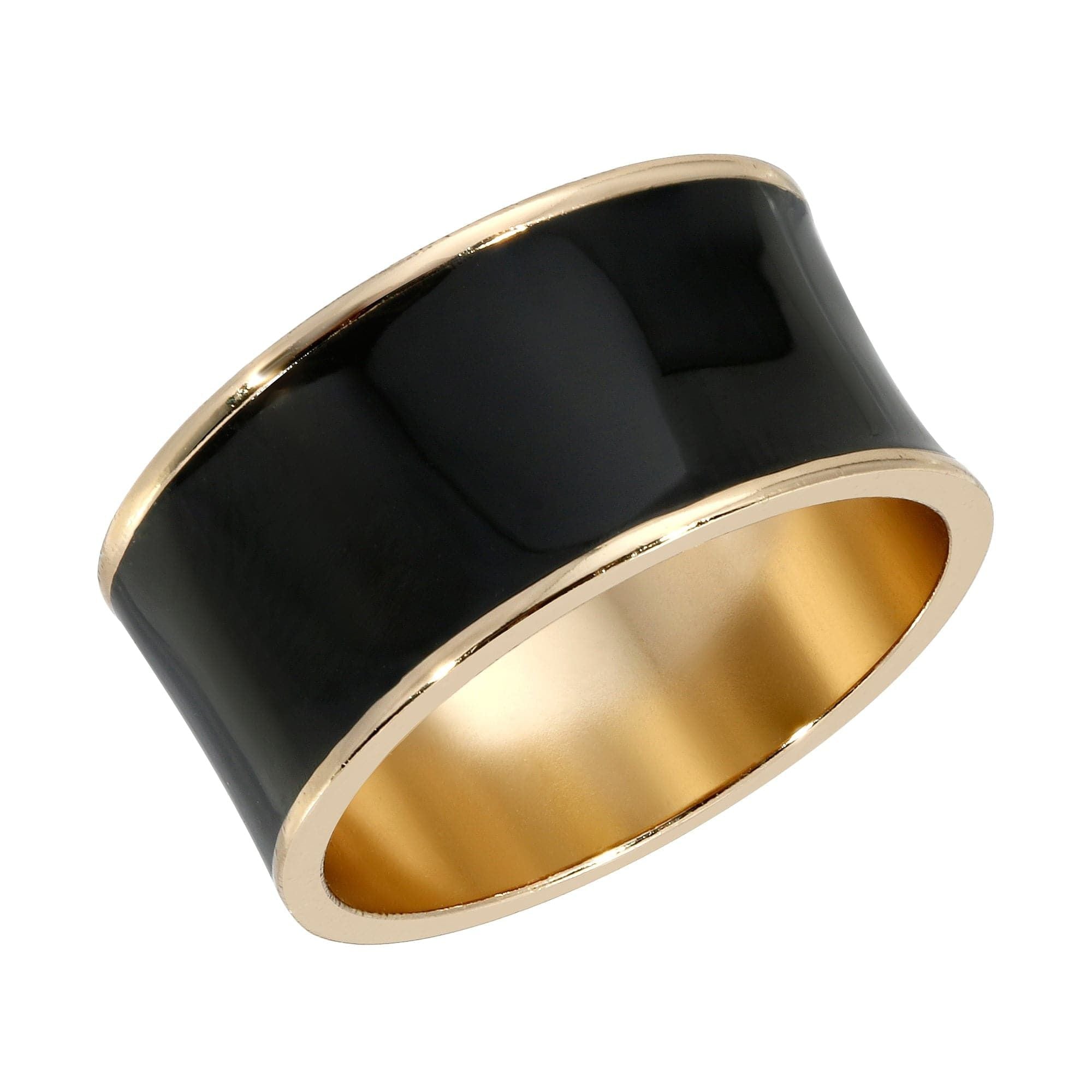 Black and gold Enamel Concave Ring with brass plating and 14k gold accent