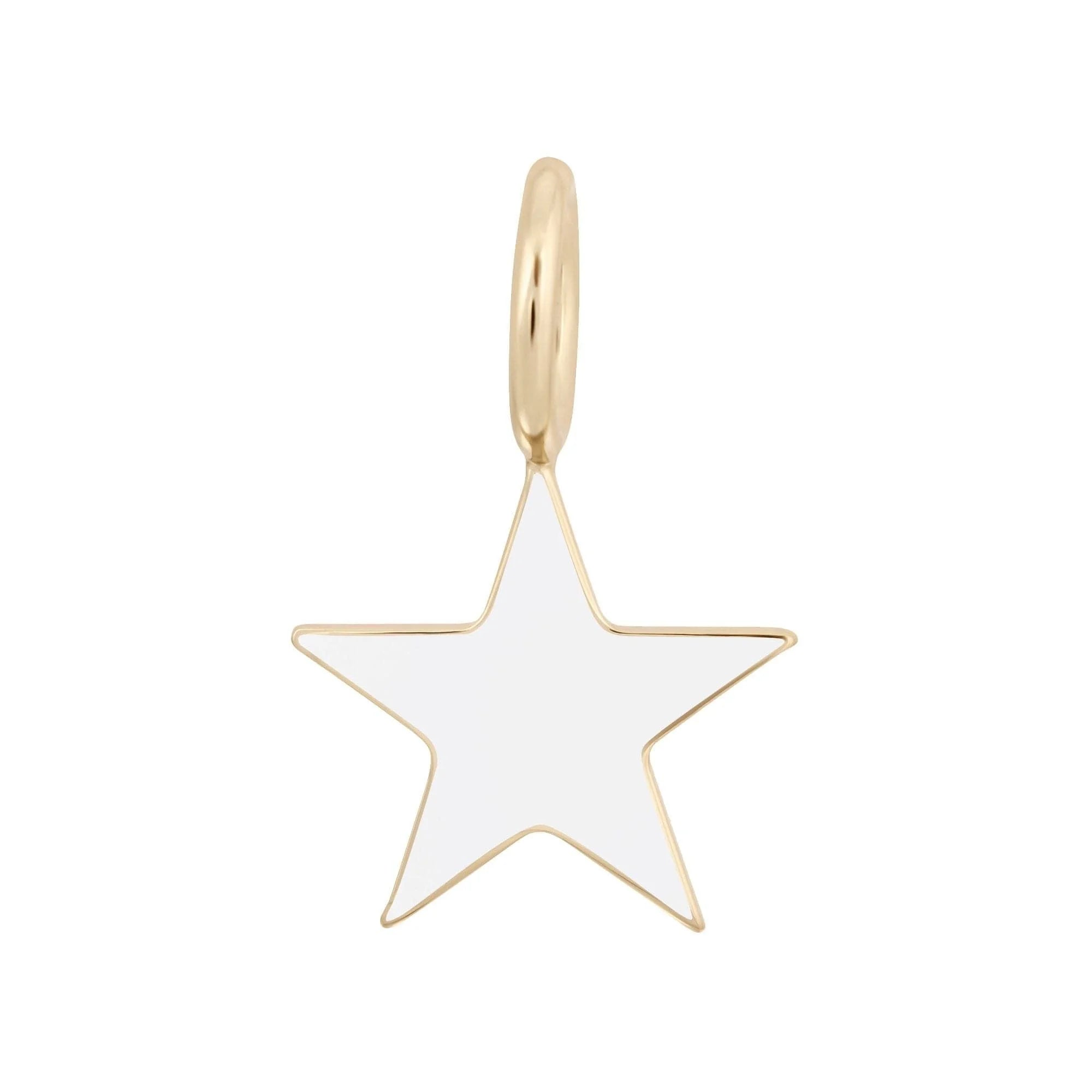 Gold hoop earrings with white star pendant for the Enamel Samara Charm jewelry collection