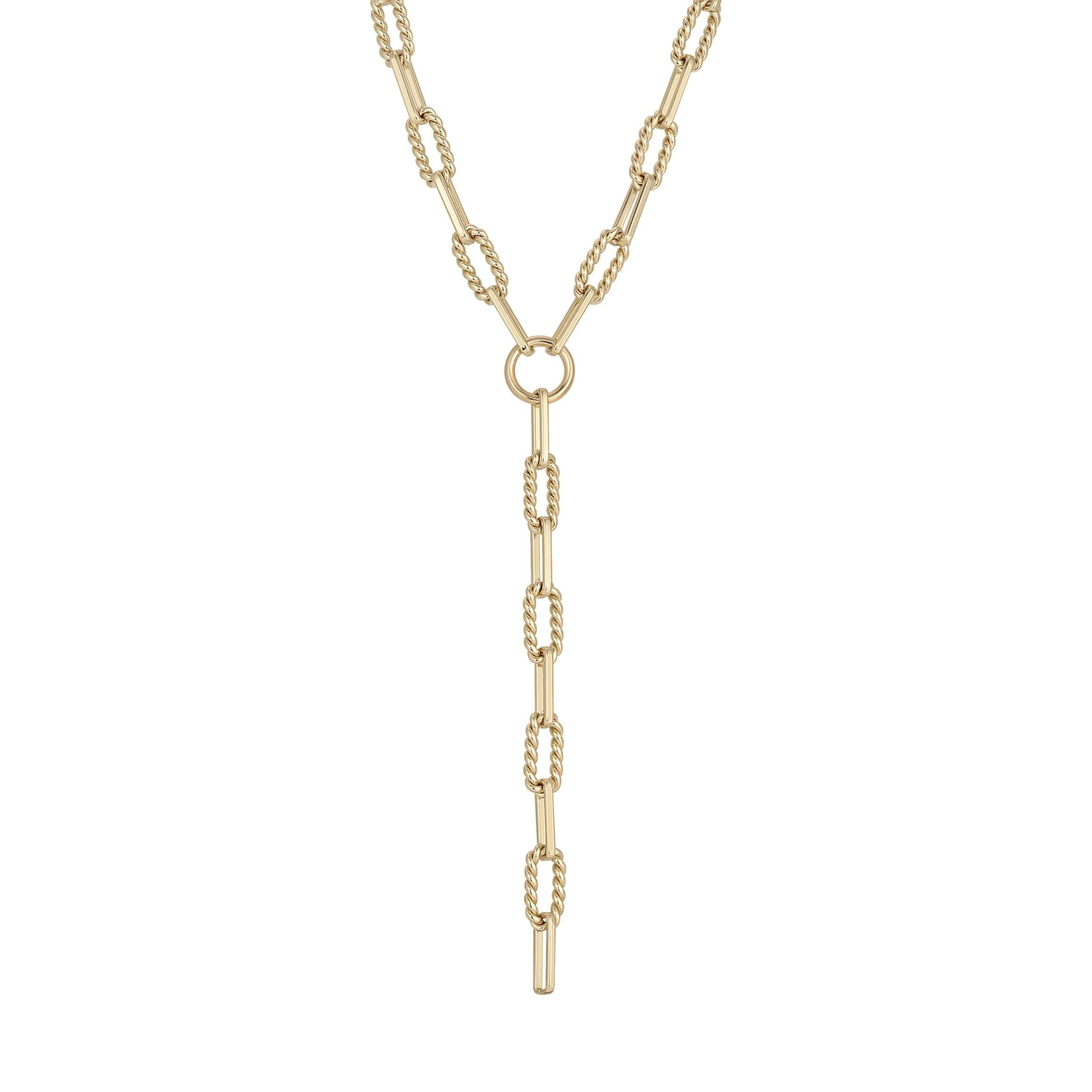 Gold-toned Y-shaped chain necklace featuring alternating twisted links, Enzo Lariat design