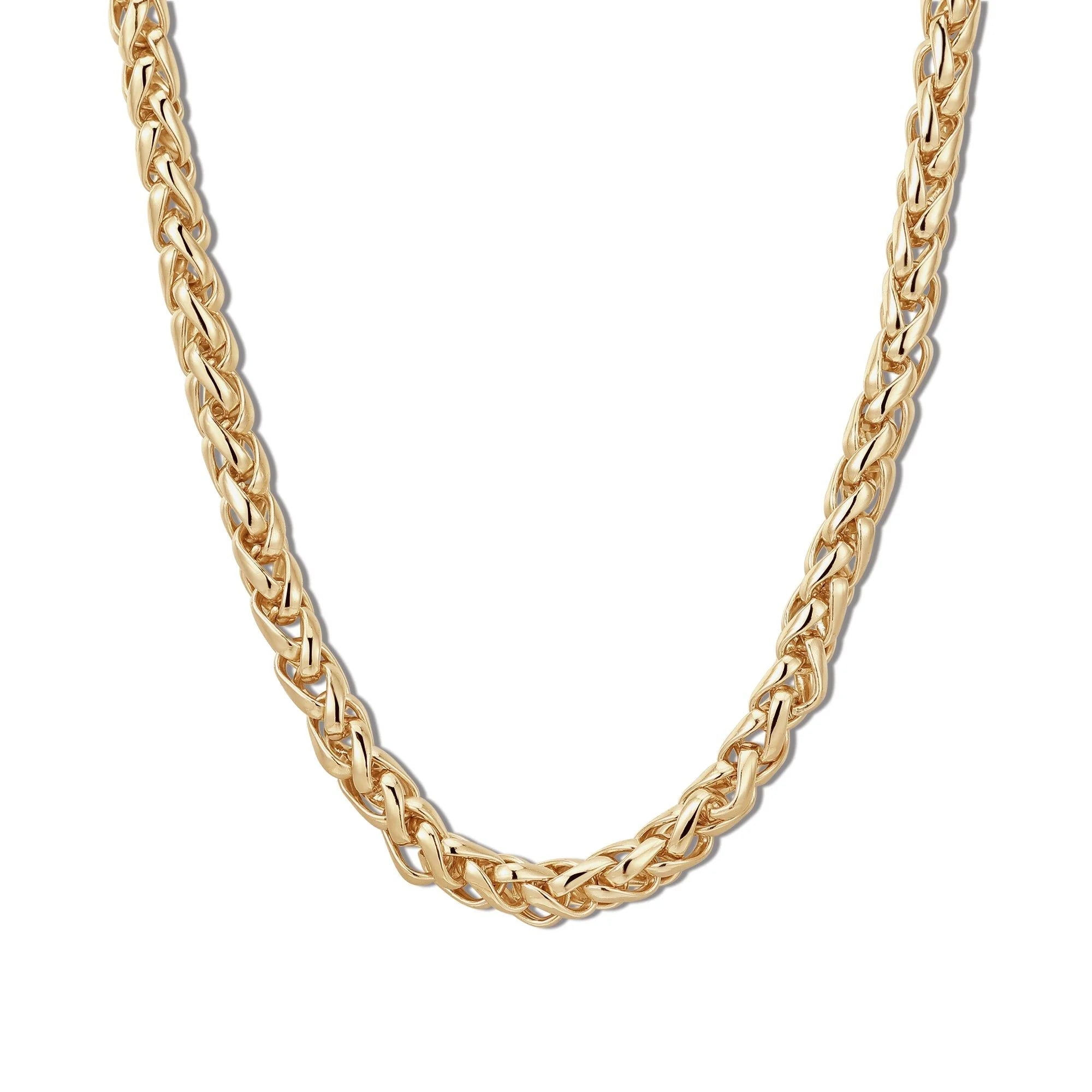 Esmé Necklace with Gold Wheat Chain featuring a 7mm wide clasp and Chopin chain design