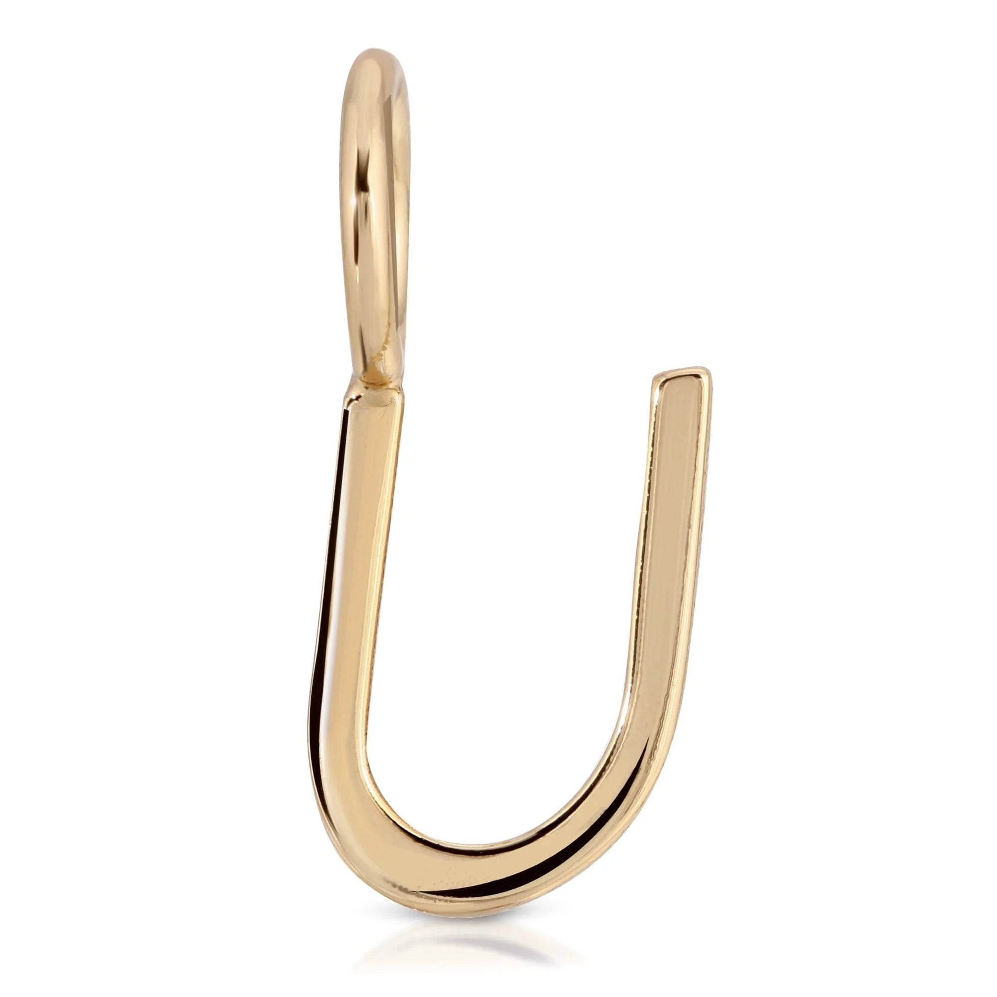 Gold-colored metal U-shaped earring featuring recycled brass plated essential letter charms measuring 15mm