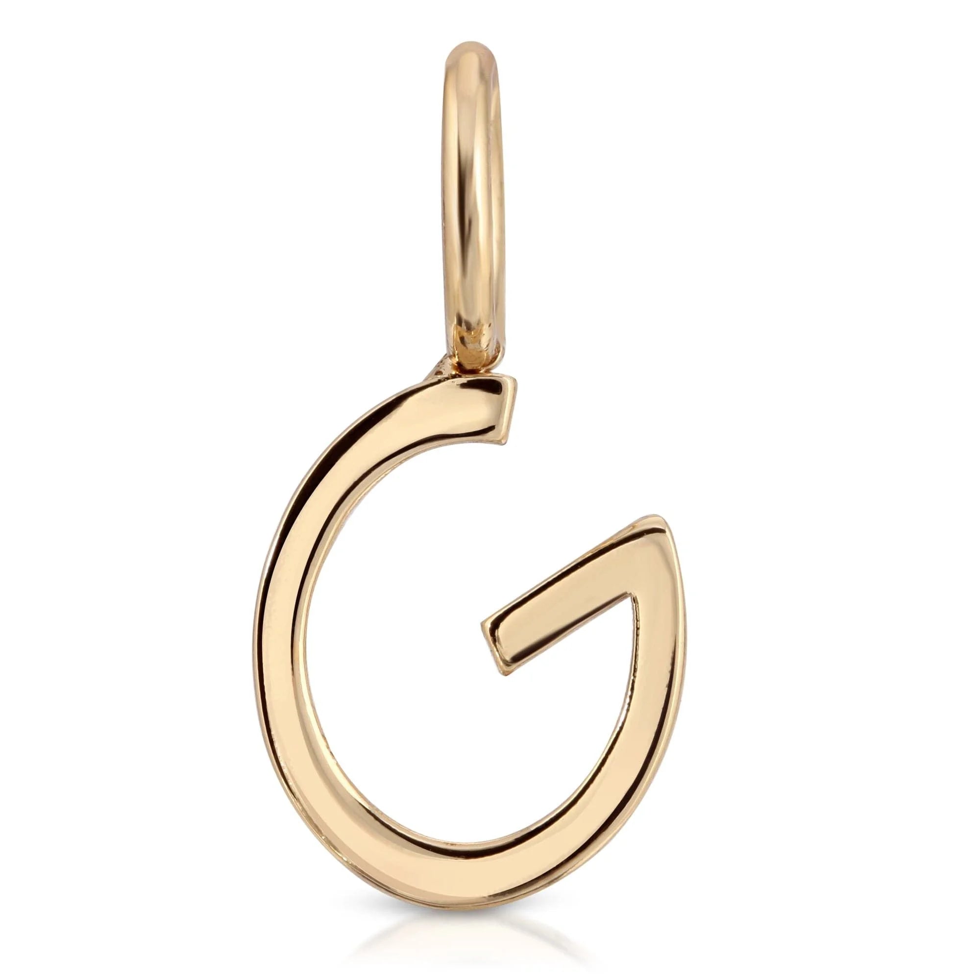 Gold letter G pendant from Essential Letters collection featuring recycled brass plated letters measuring 15mm