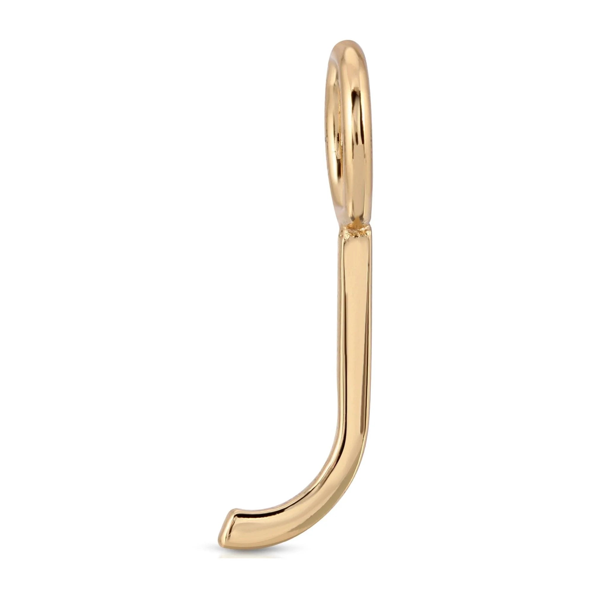 Gold letter J pendant from Essential Letters made of recycled brass plated, measures 15mm