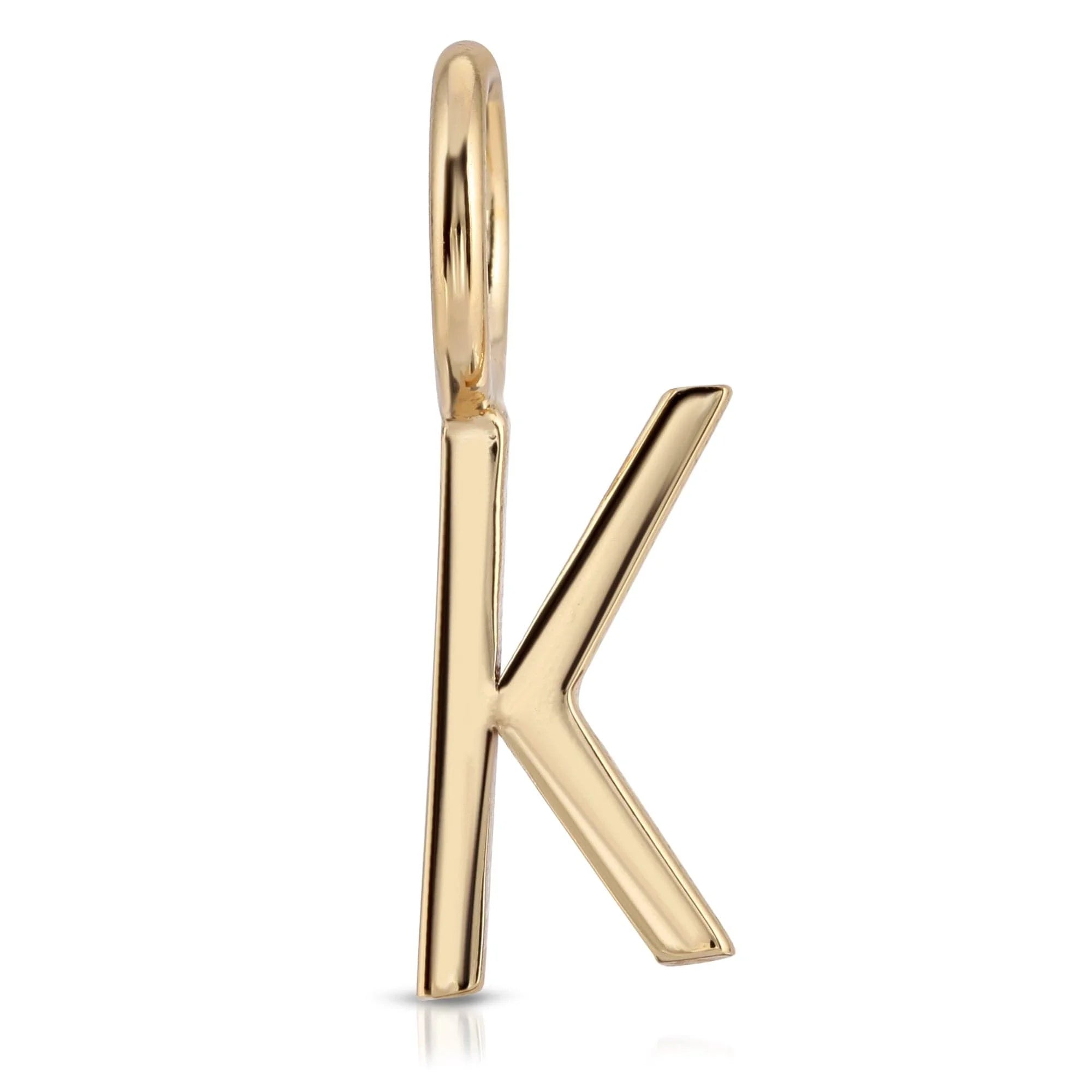 Gold letter K pendant from Essential Letters collection, recycled brass plated, 15mm letter charms