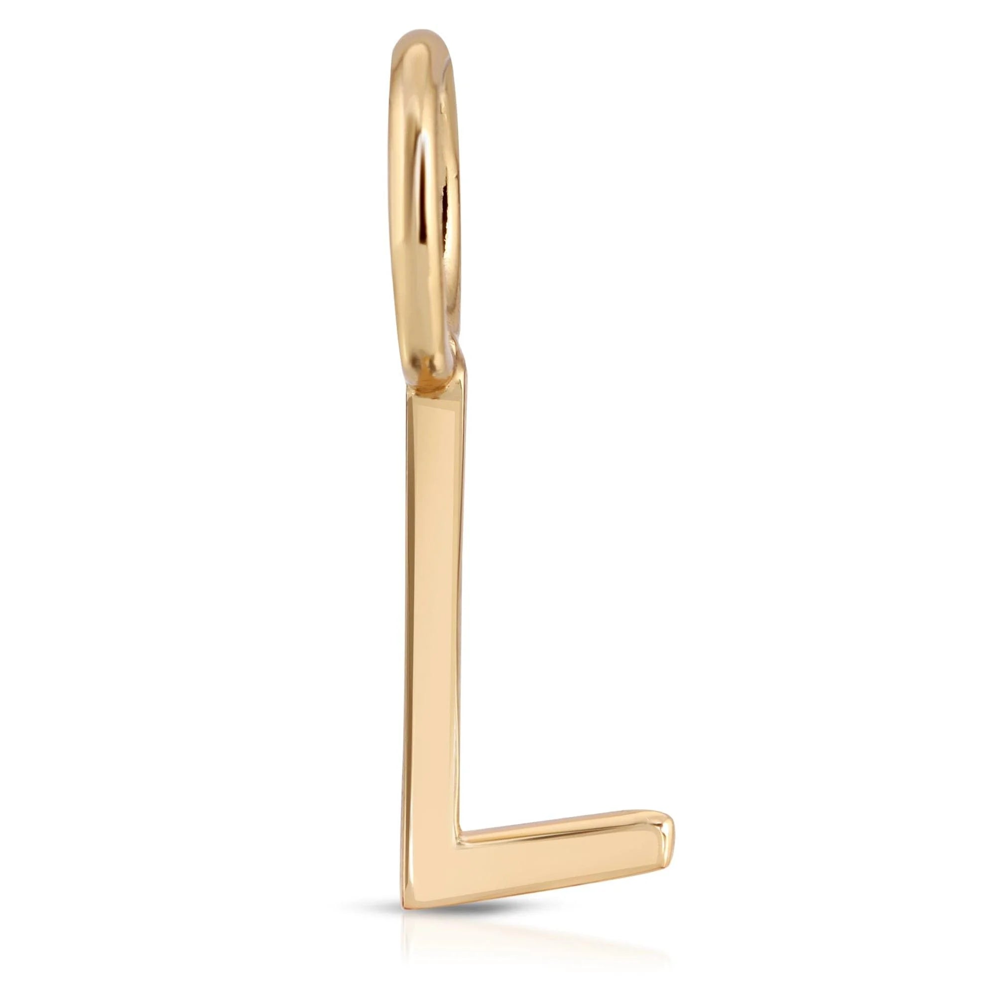Gold letter L pendant from Essential Letters, recycled brass plated, measures 15mm