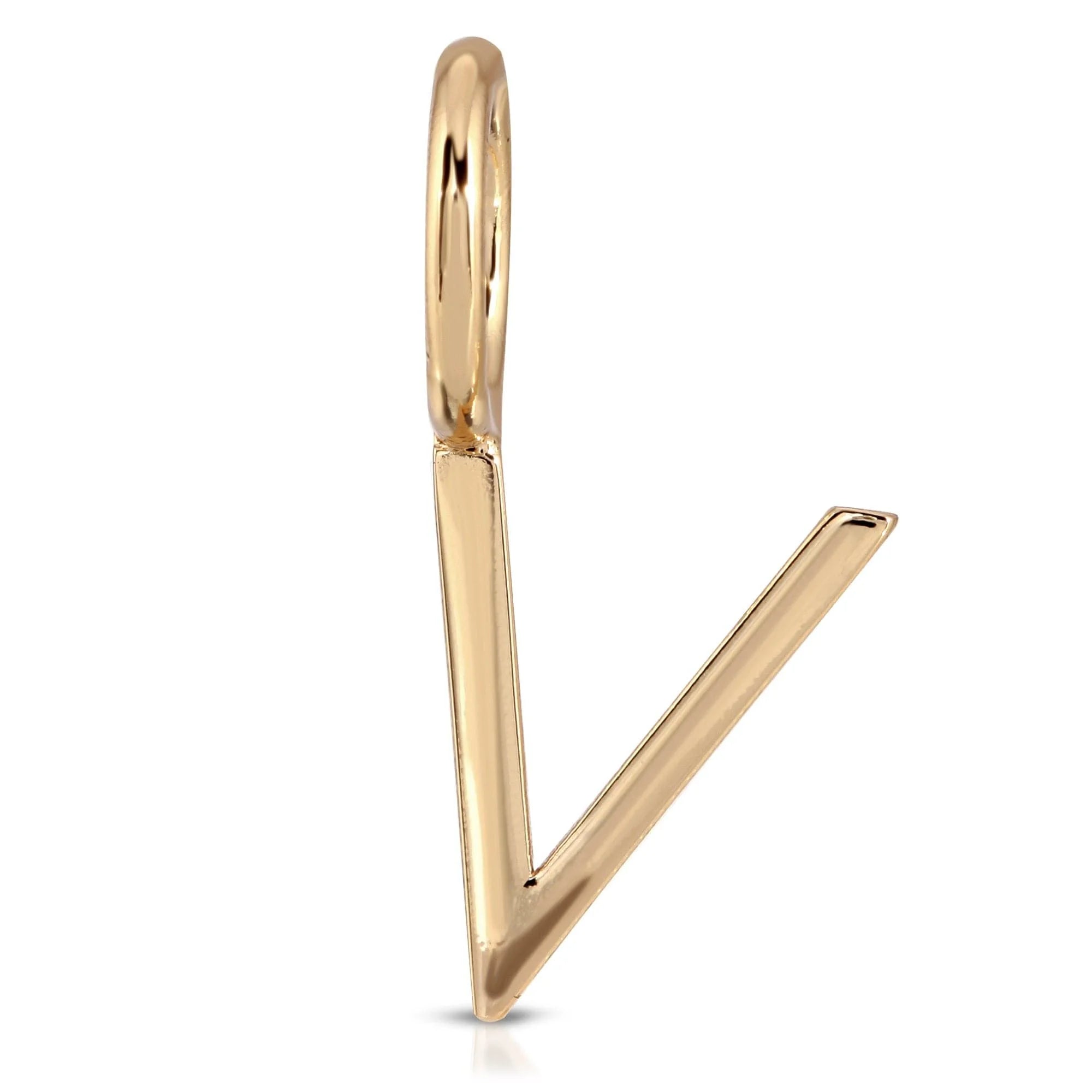 Gold letter V pendant from Essential Letters collection, recycled brass plated, measures 15mm