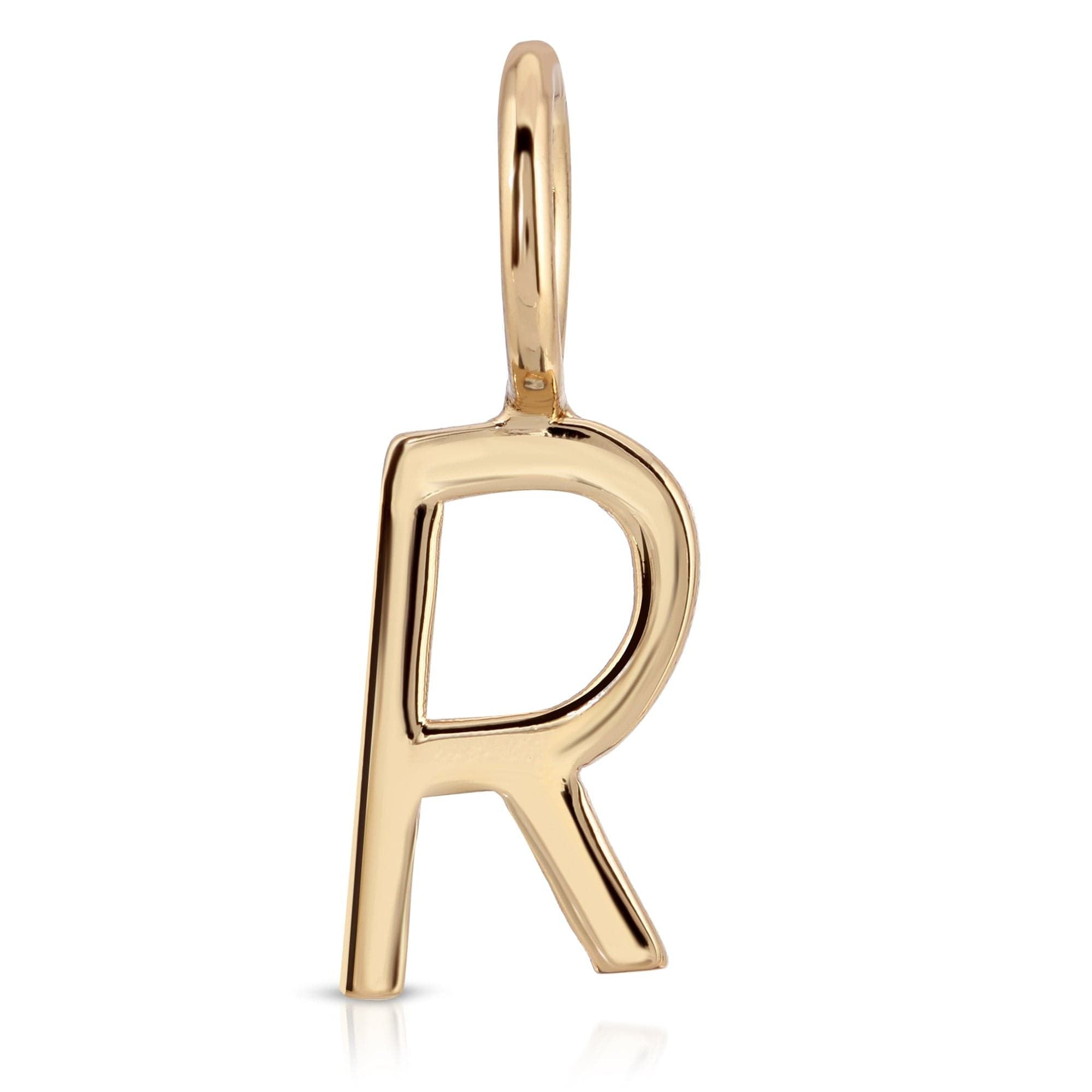 Gold letter R pendant from Essential Letters, featuring recycled brass plated design, 15mm