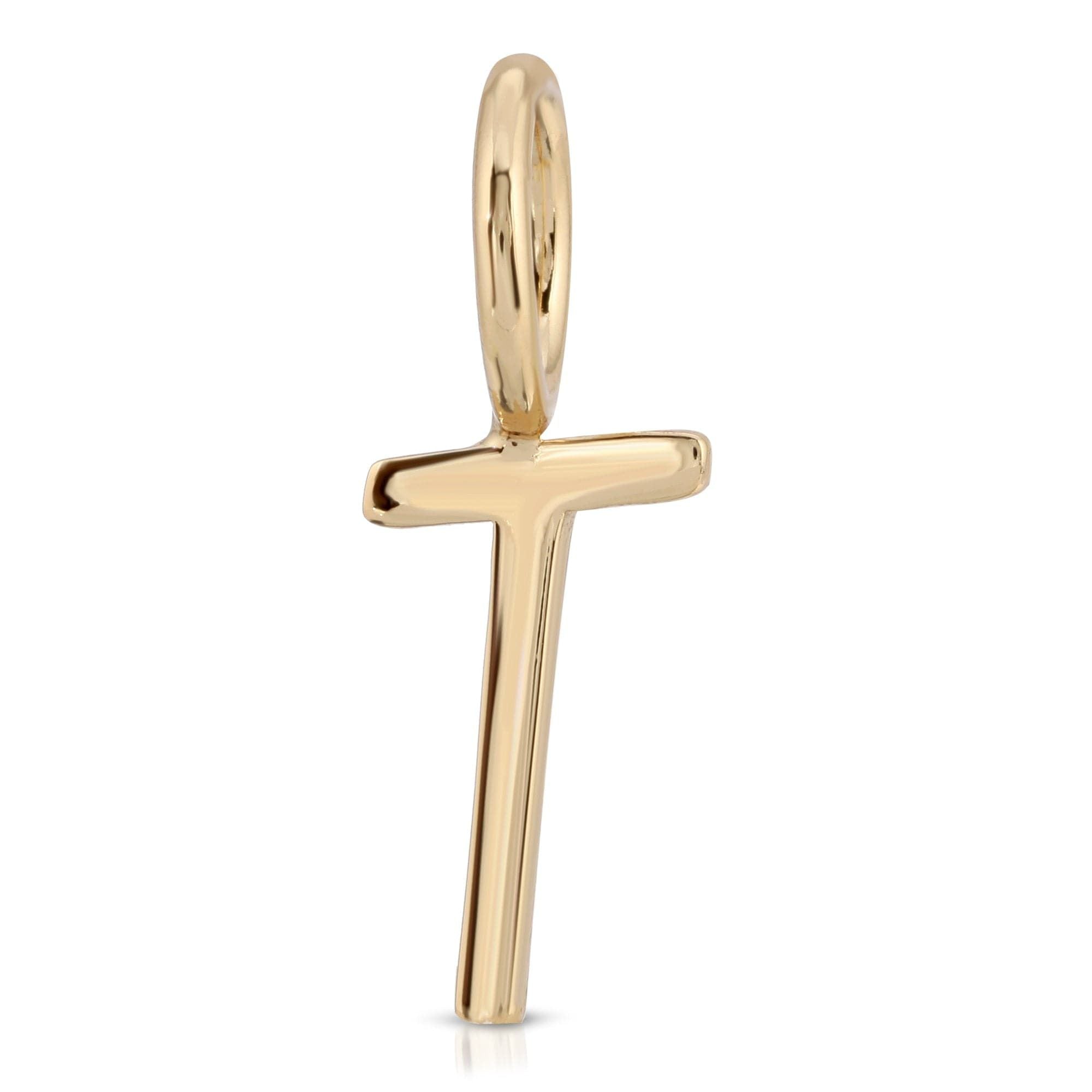 Gold letter T pendant from Essential Letters, 15mm, made of recycled brass plated