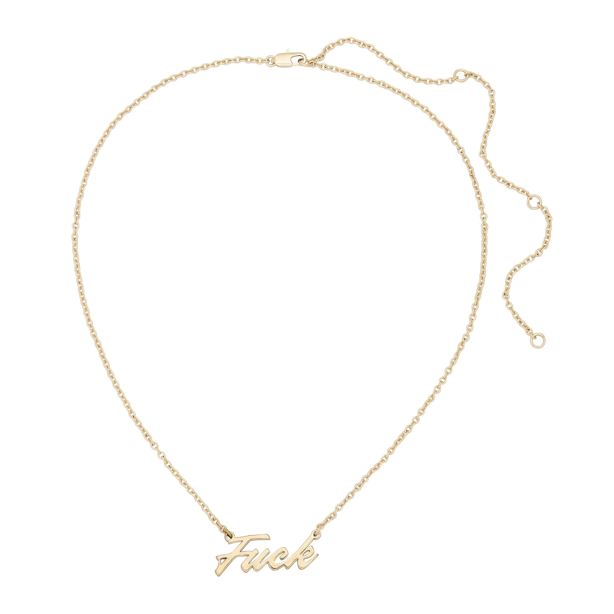 Gold fuck necklace with script fuck measures 12mm, a bold statement piece