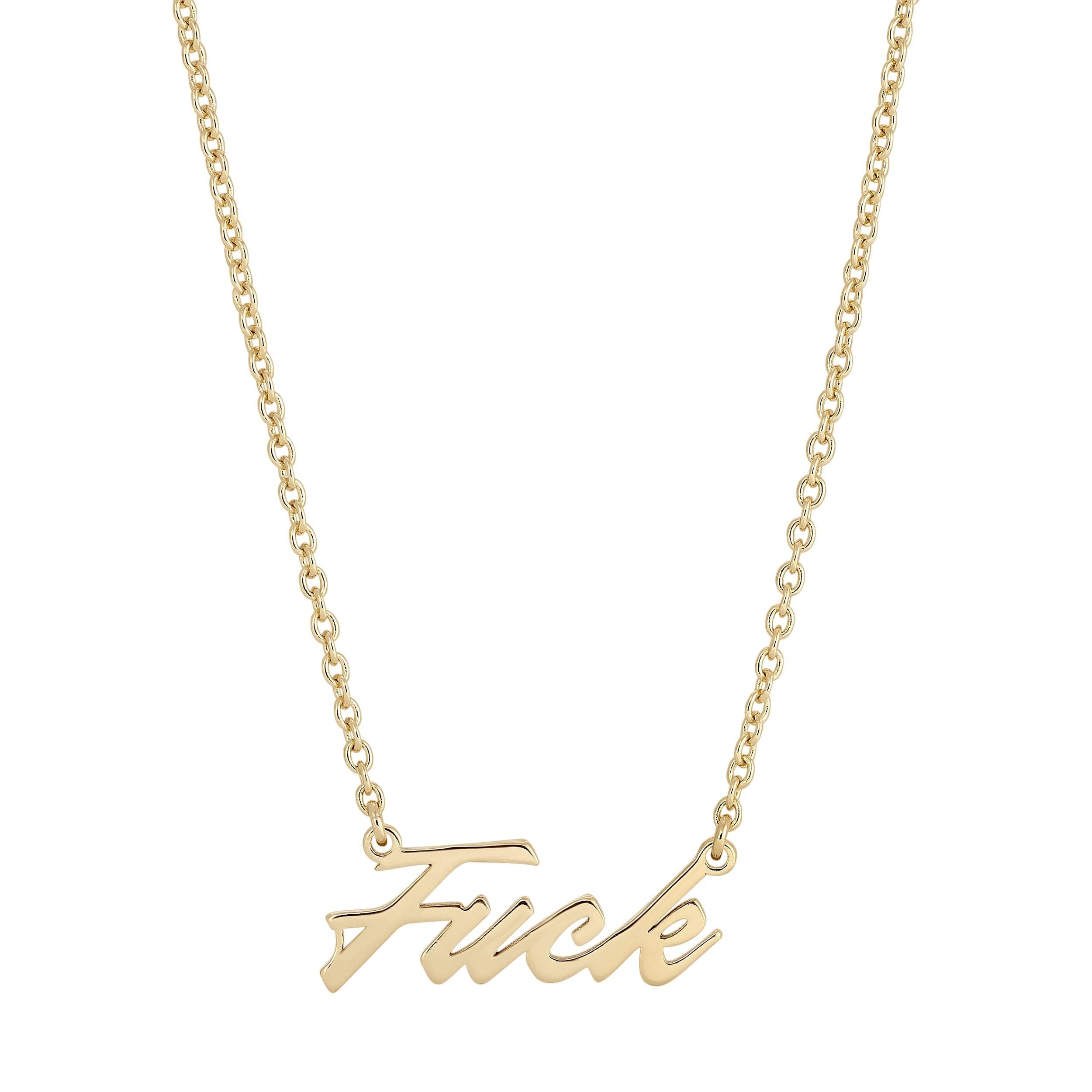 Gold necklace featuring a cursive word pendant, fuck measures 12mm in elegant script