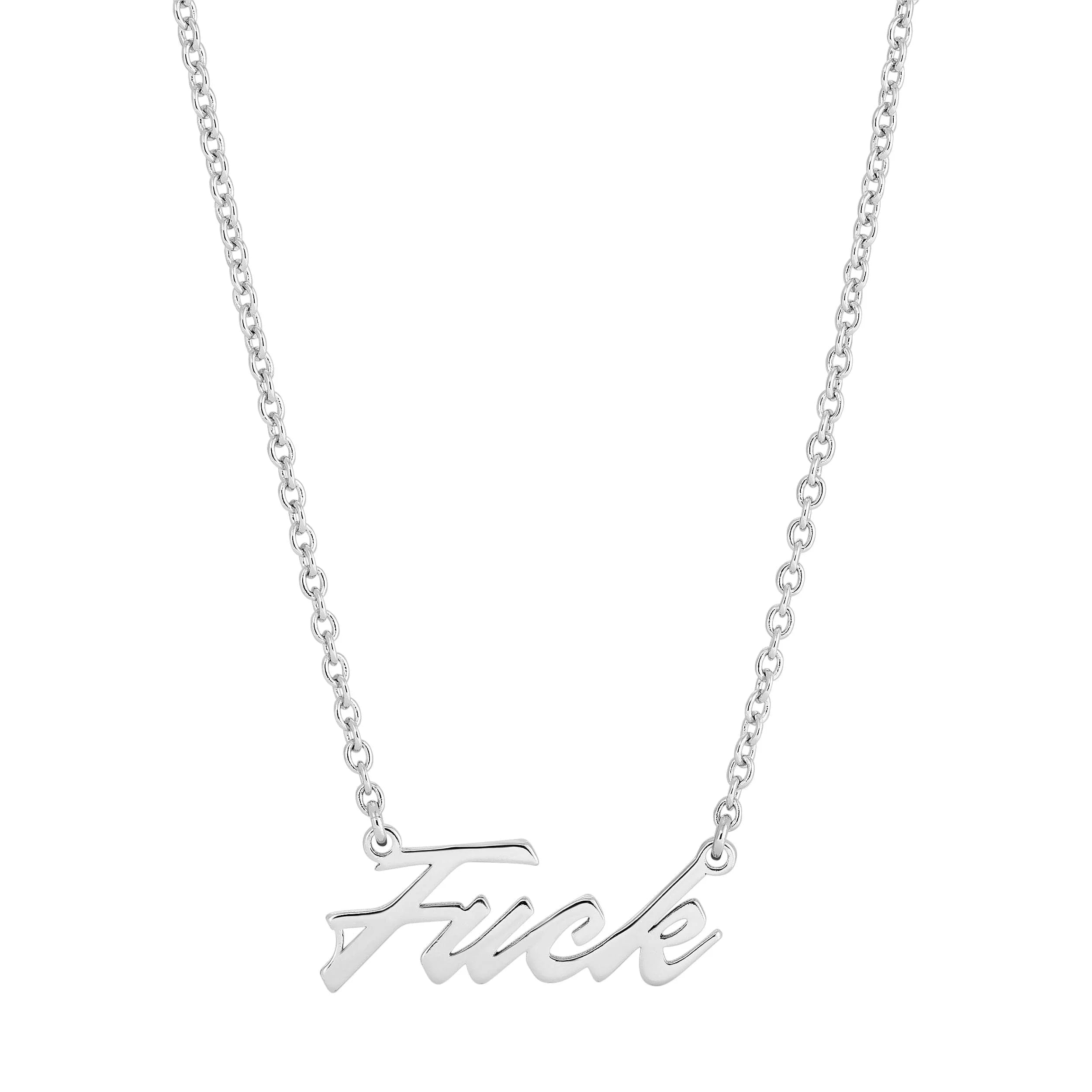 Silver necklace with a stylish cursive word pendant for the F*** Necklace product