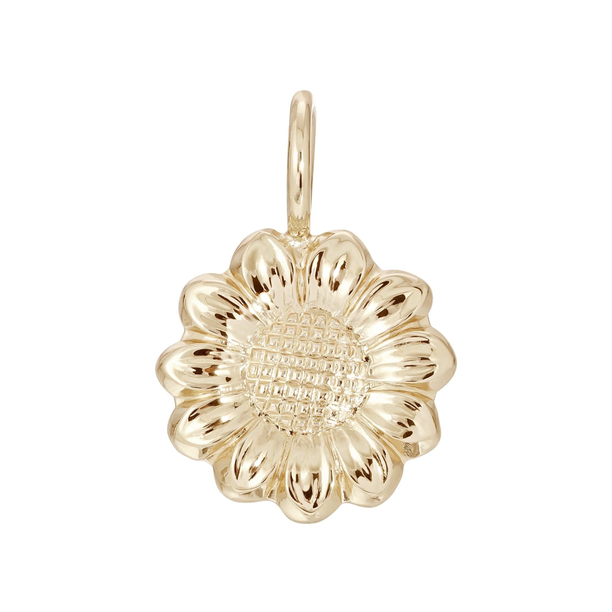 Gold sunflower pendant in Fleur Charm design with black enamel detail