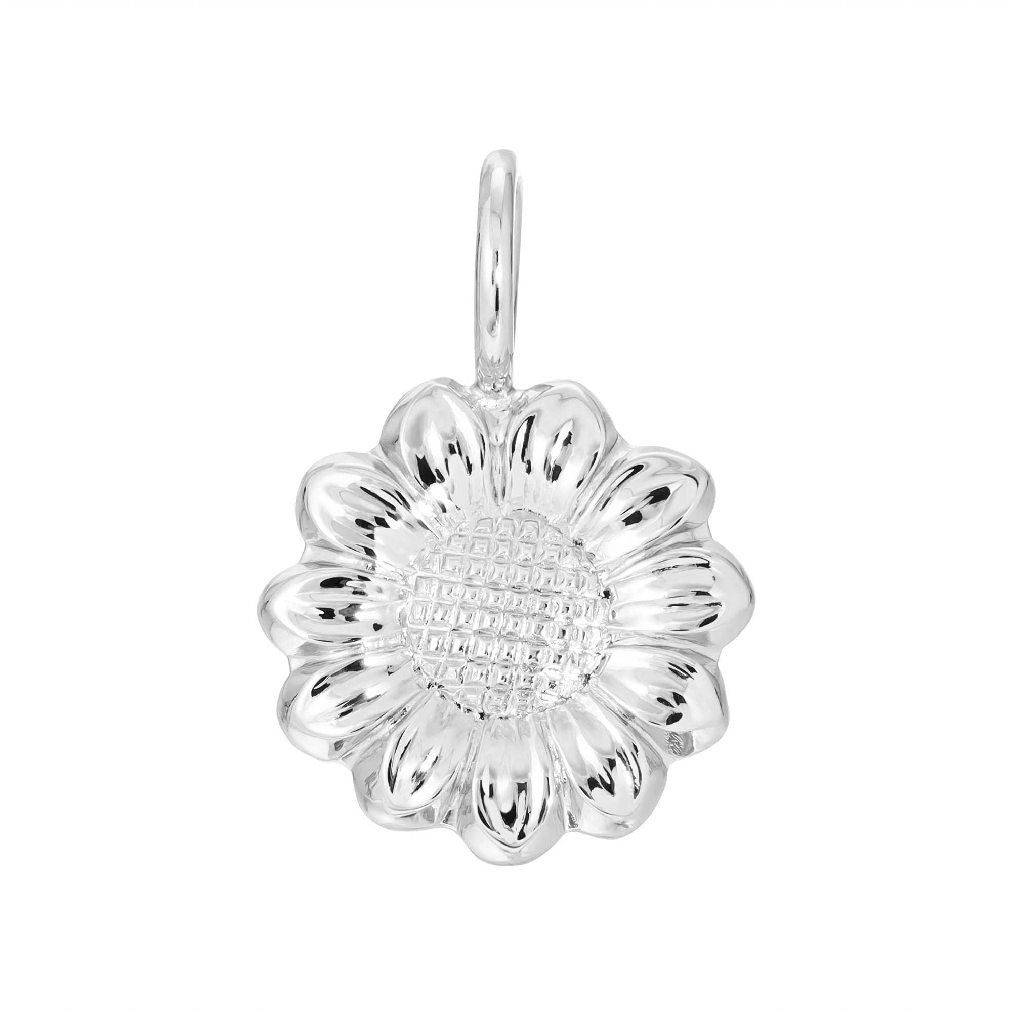 Silver sunflower pendant with black enamel in the Fleur Charm collection design