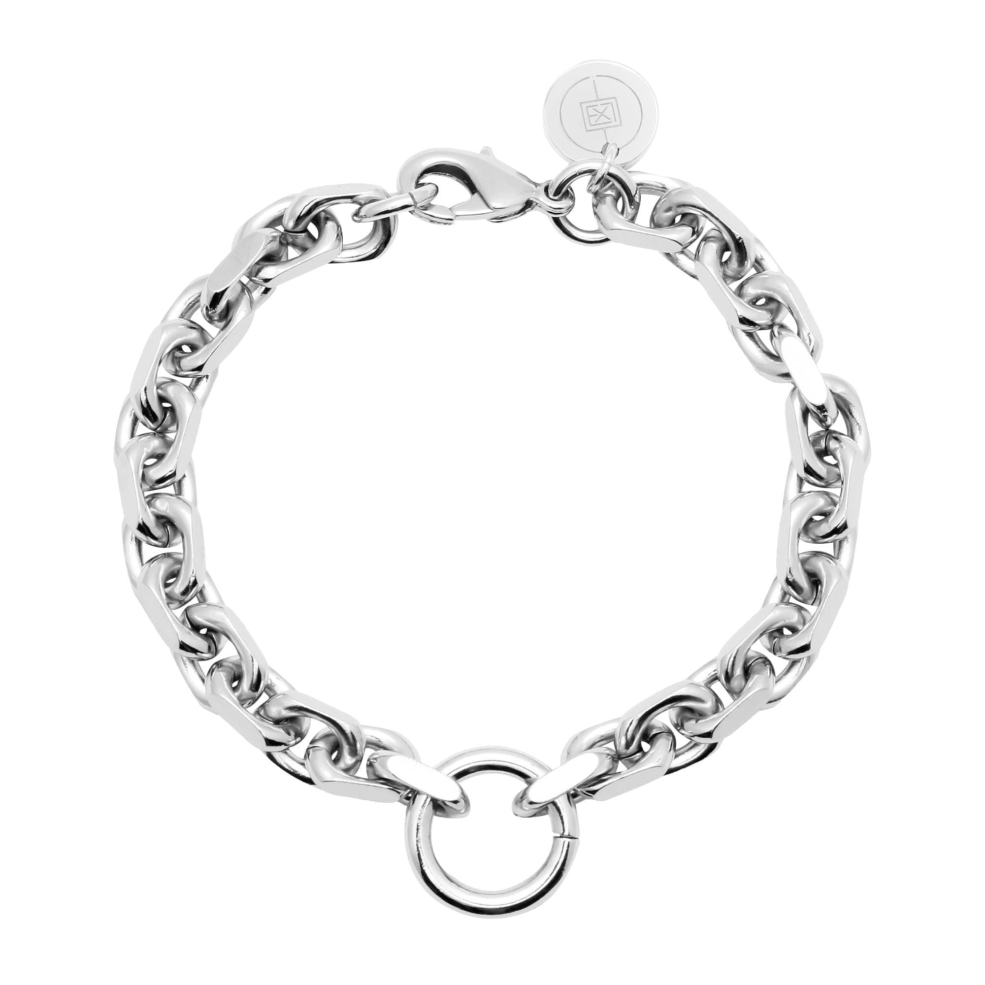 Silver-toned Gigi Bracelet with brass link chain and circular pendant, lobster clasp