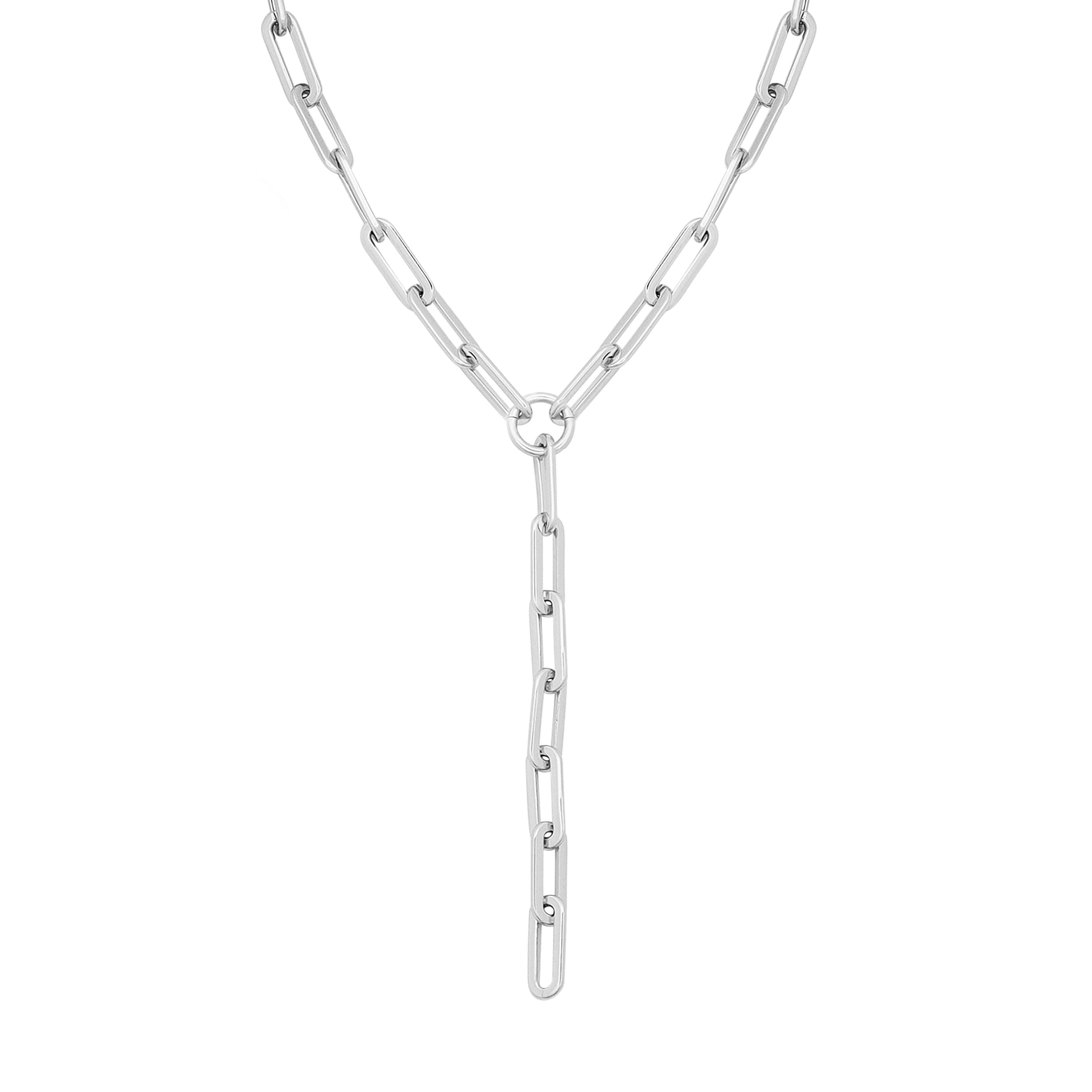 Silver chain link necklace featuring Gisele XL Paper Clip Chain Lariat design