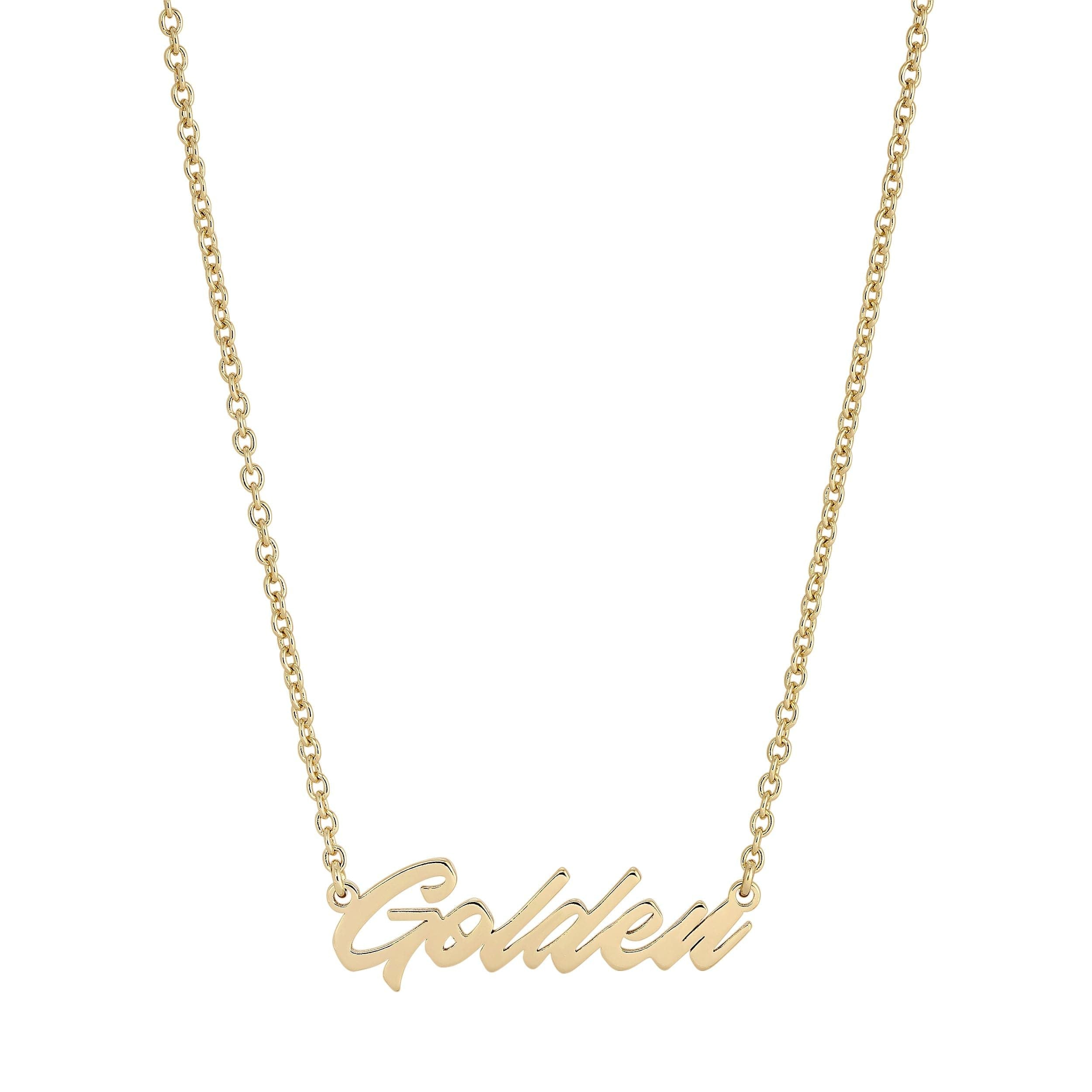 Golden nameplate necklace with recycled brass plating, a perfect accessory that compliments