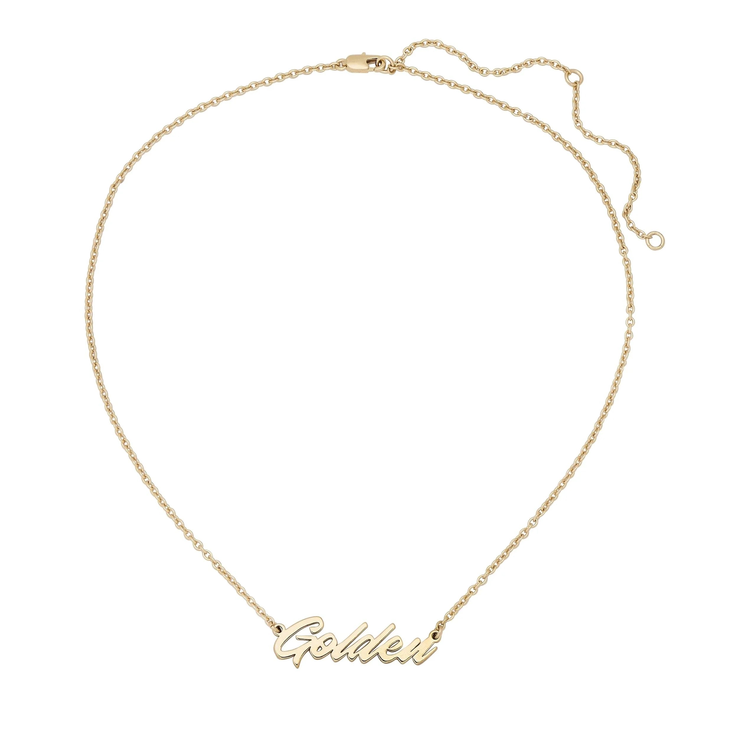 Golden necklace with gold nameplate, recycled brass plating, and rhodium finish, perfect for compliments
