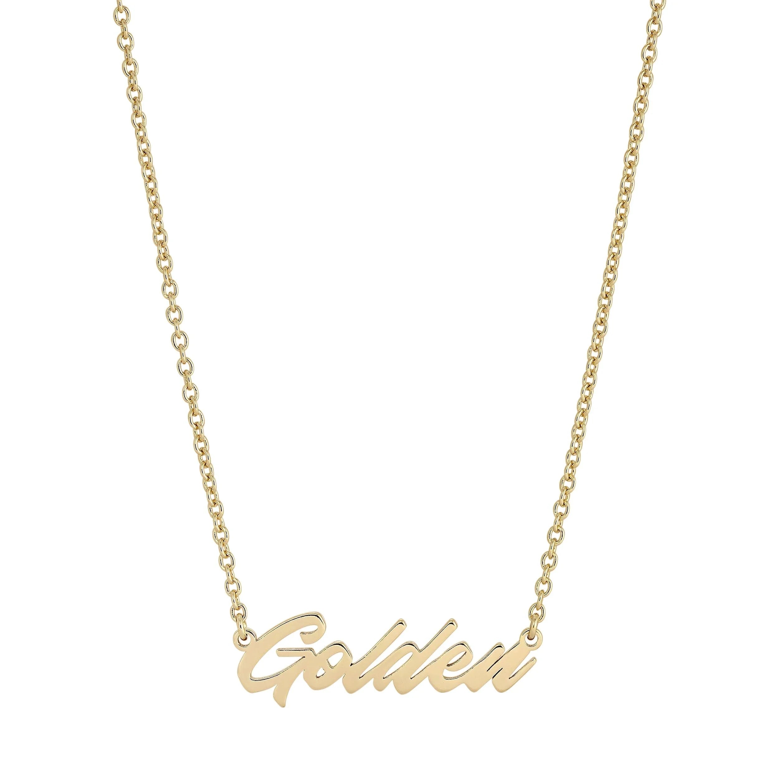 Golden necklace with nameplate featuring recycled brass plating and rhodium finish, compliments style