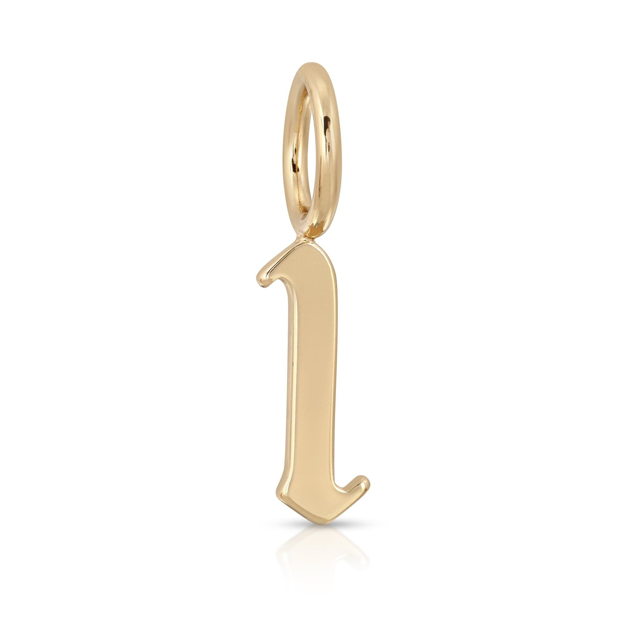 Gold lowercase letter l pendant from Gothic Numbers, recycled brass plated, charms measure 17mm