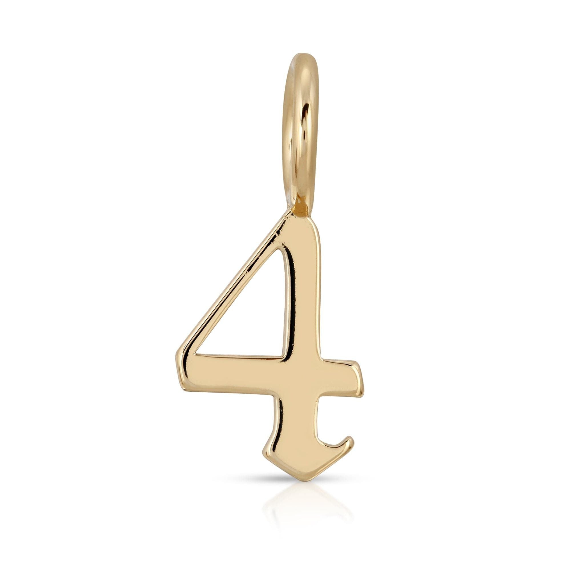 Gold number four pendant from Gothic Numbers featuring recycled brass plated design