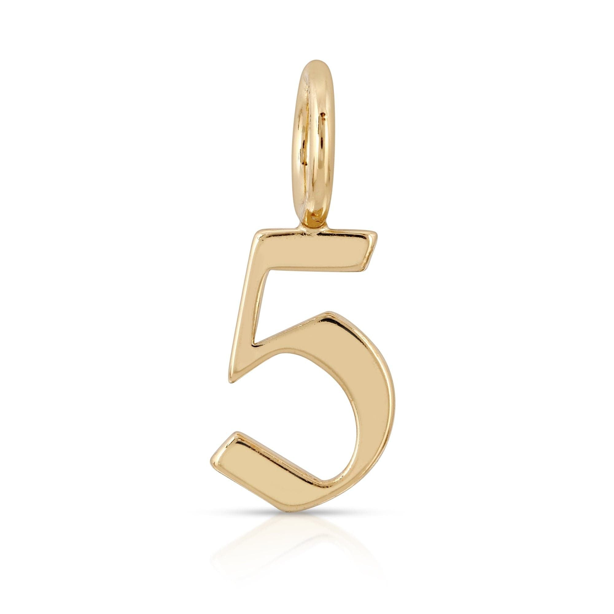 Gold number five pendant from Gothic Numbers, a recycled brass plated charm measuring 17mm