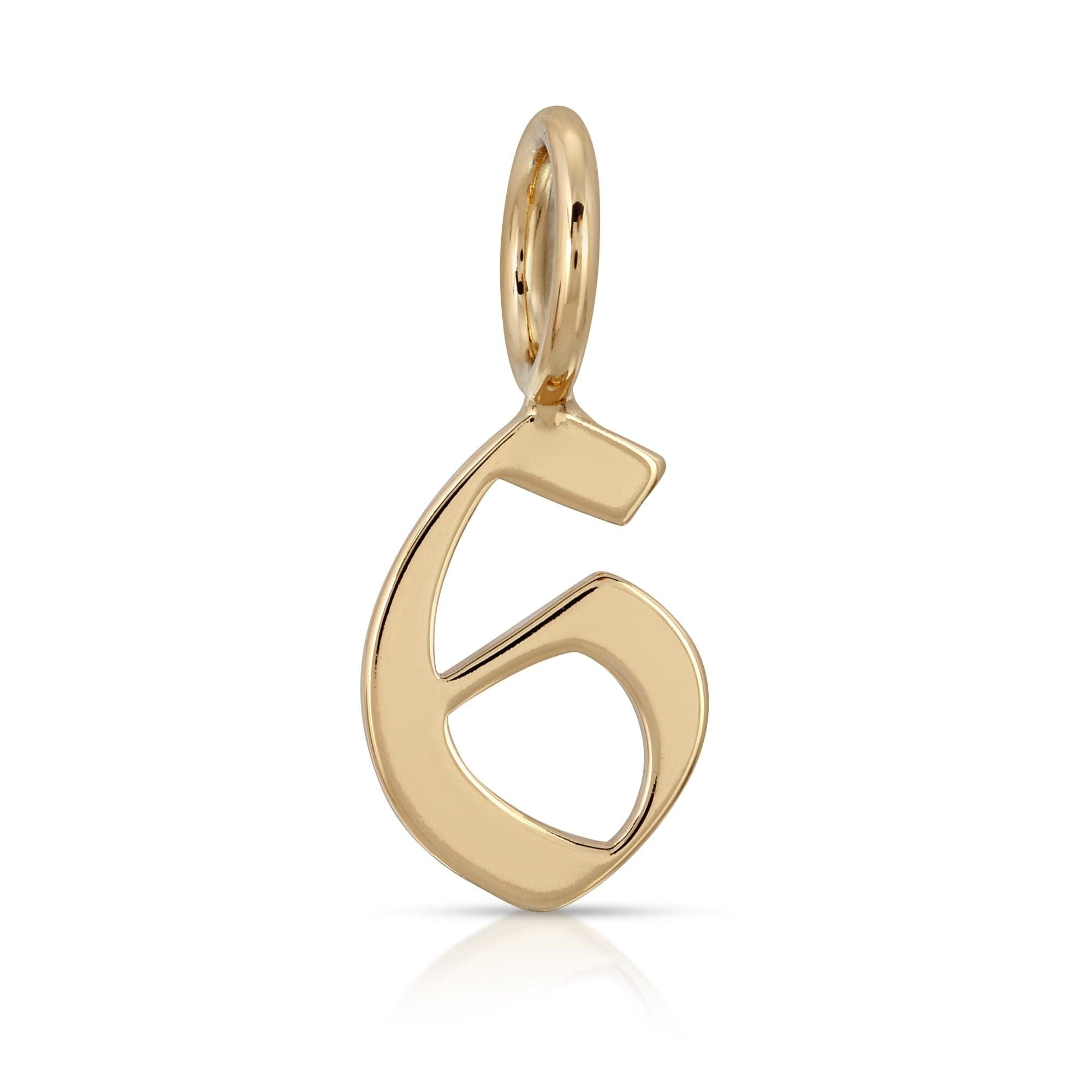 Gold number six pendant from Gothic Numbers, a recycled brass plated charm measuring 17mm