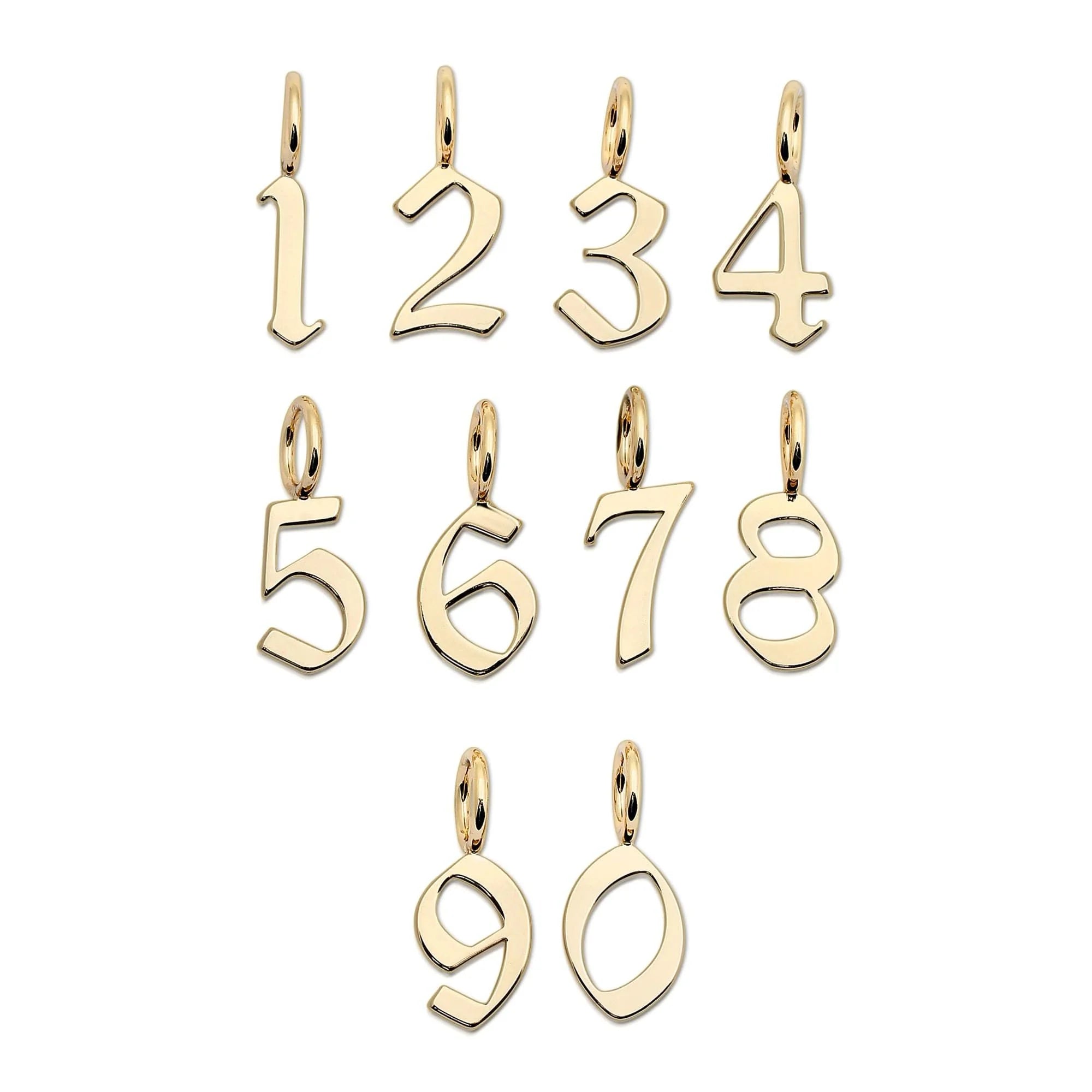 Gold number charm pendants from Gothic Numbers in recycled brass plated charms measure 17mm