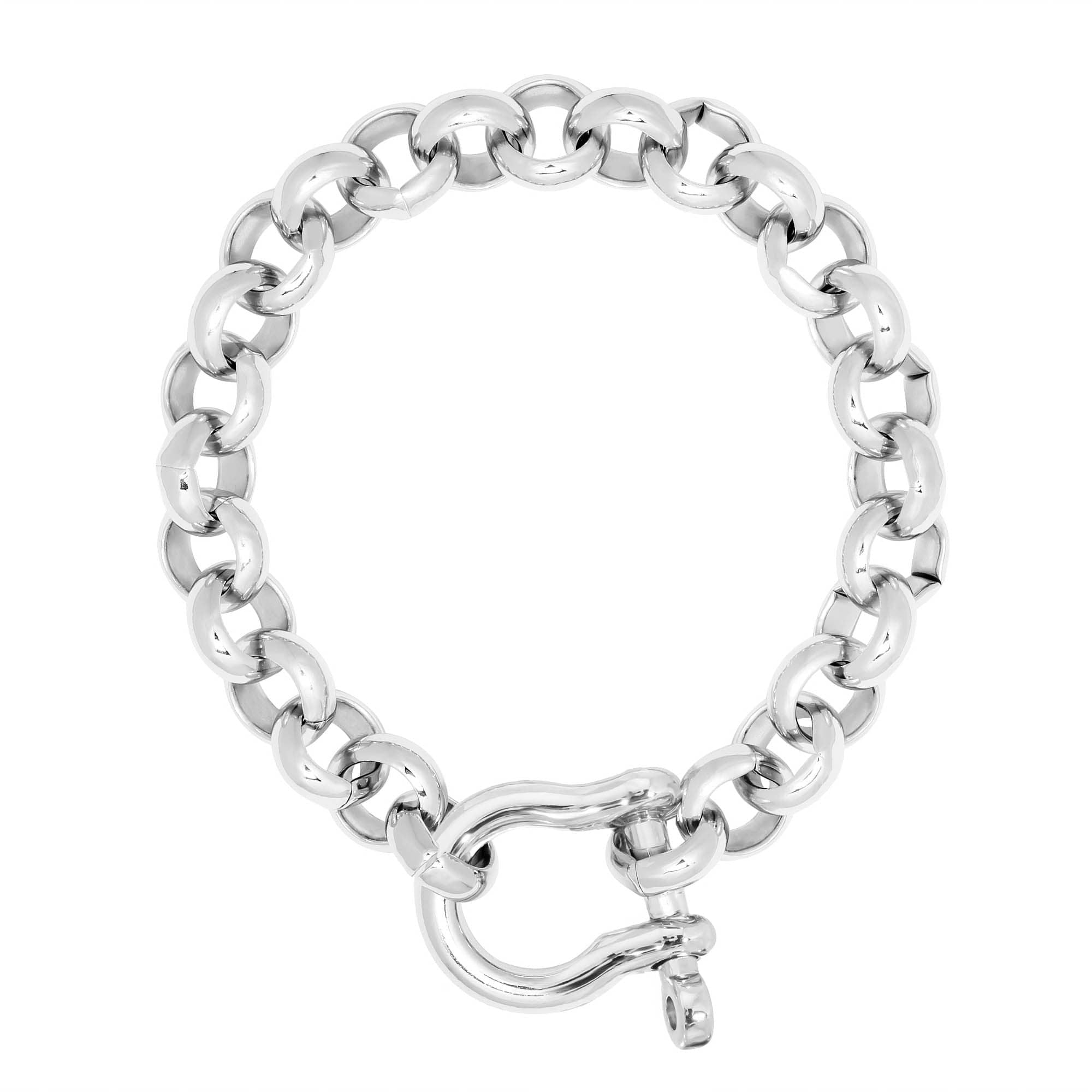 Silver chain-link Harley Bracelet with shackle clasp for a powerful wrist stack