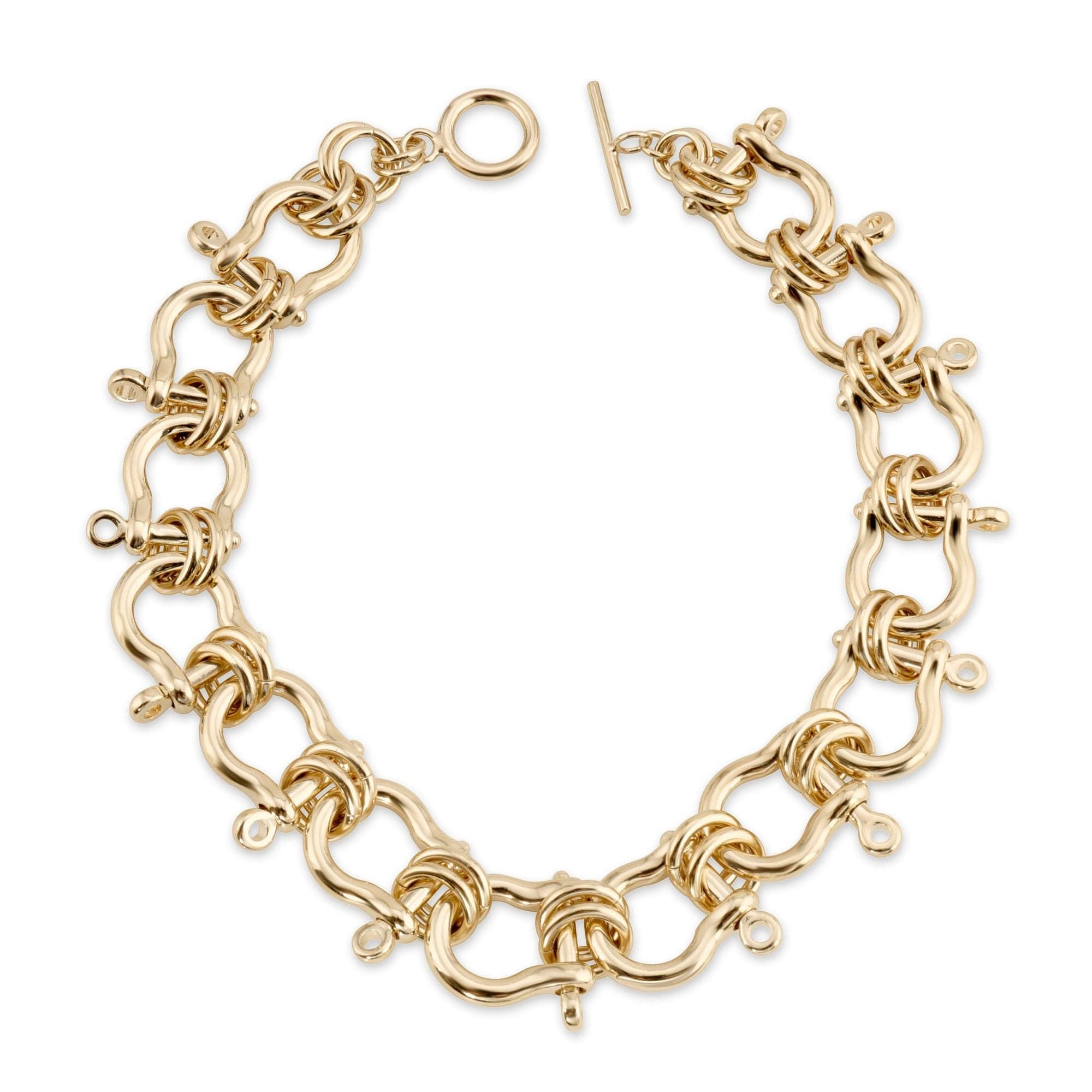 Gold-toned metal link bracelet from the Harrison Necklace, a popular statement piece