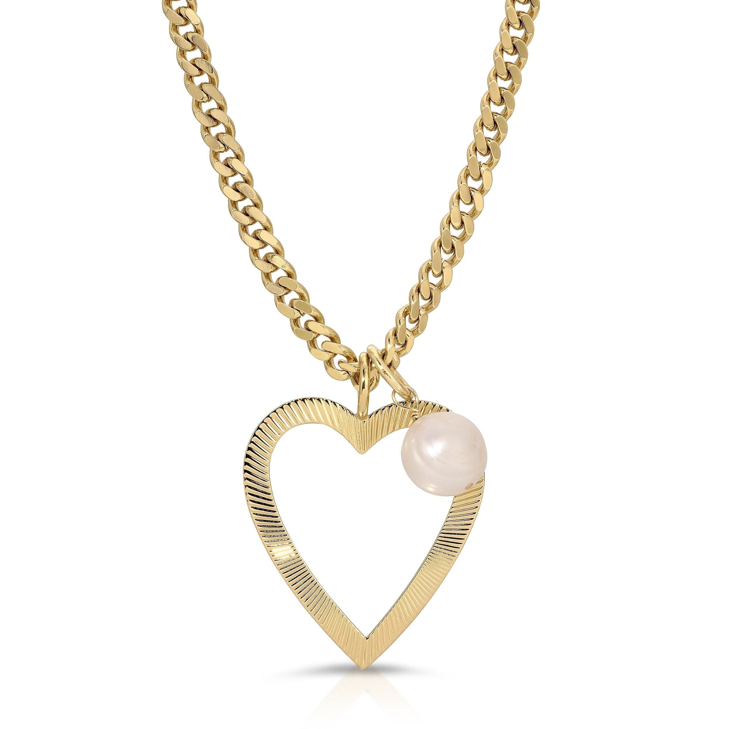 Gold heart pendant necklace featuring a large baroque freshwater pearl charm