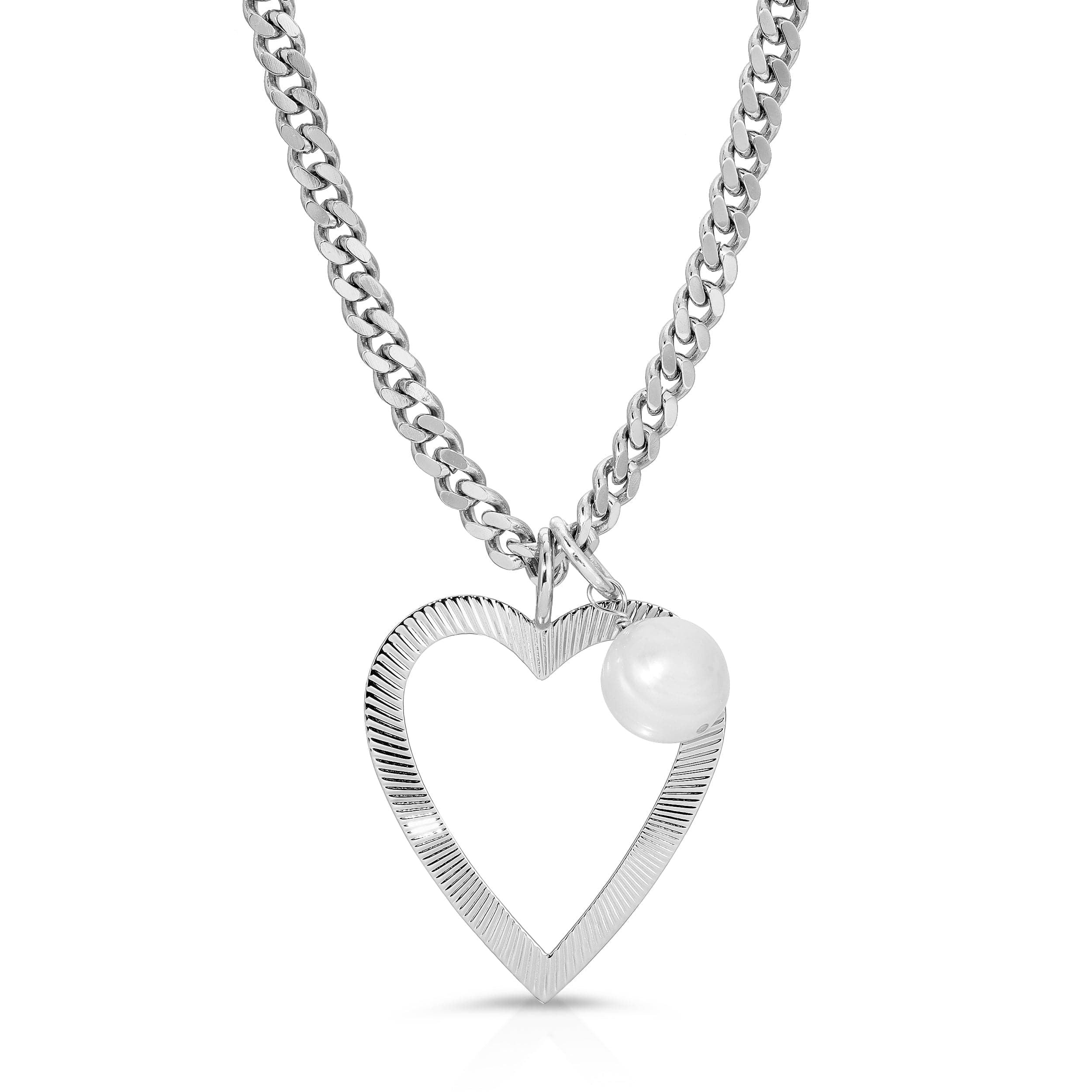 Silver heart pendant necklace with large baroque freshwater pearl charm necklace