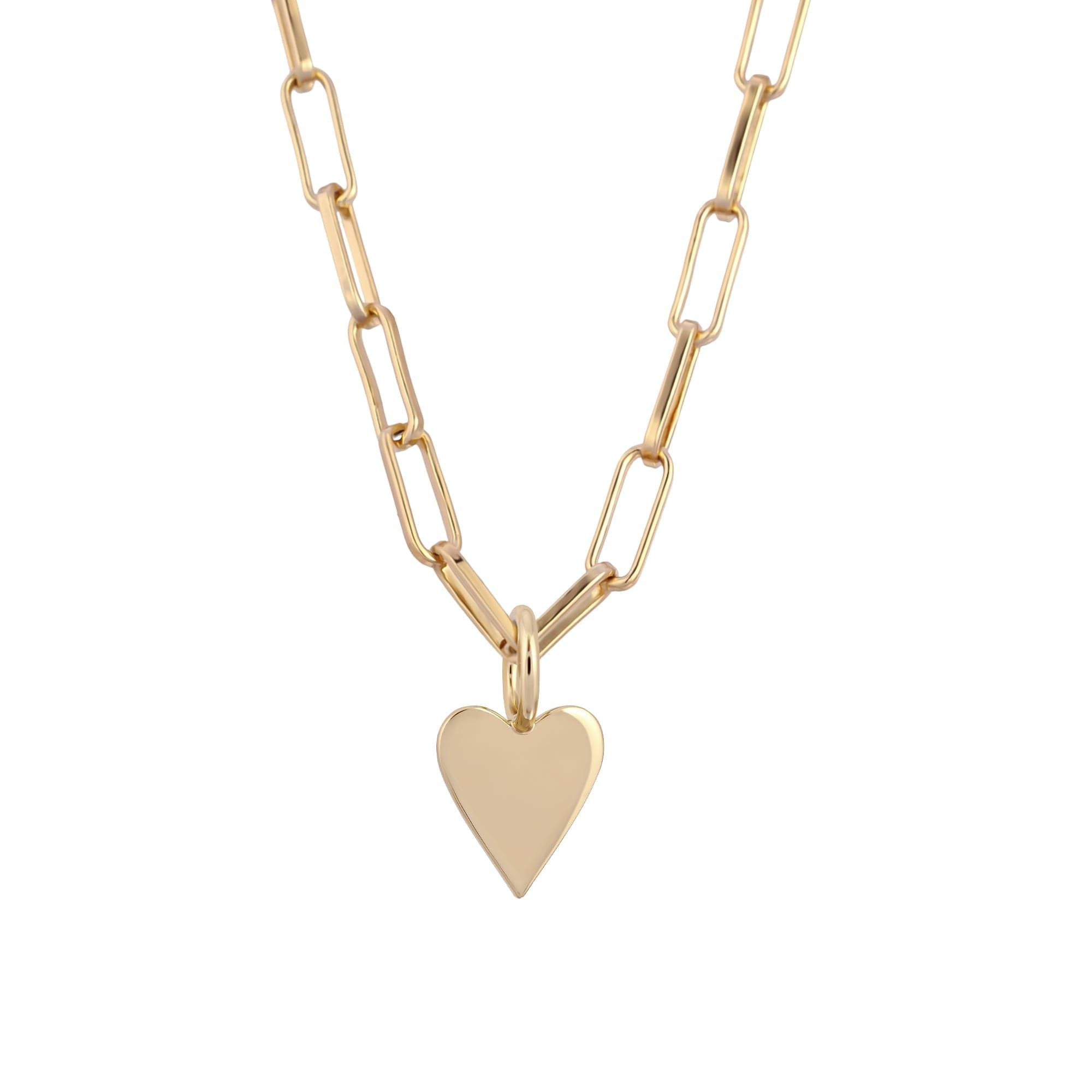 Gold chain necklace with heart pendant, featuring the Helena Charm Necklace design