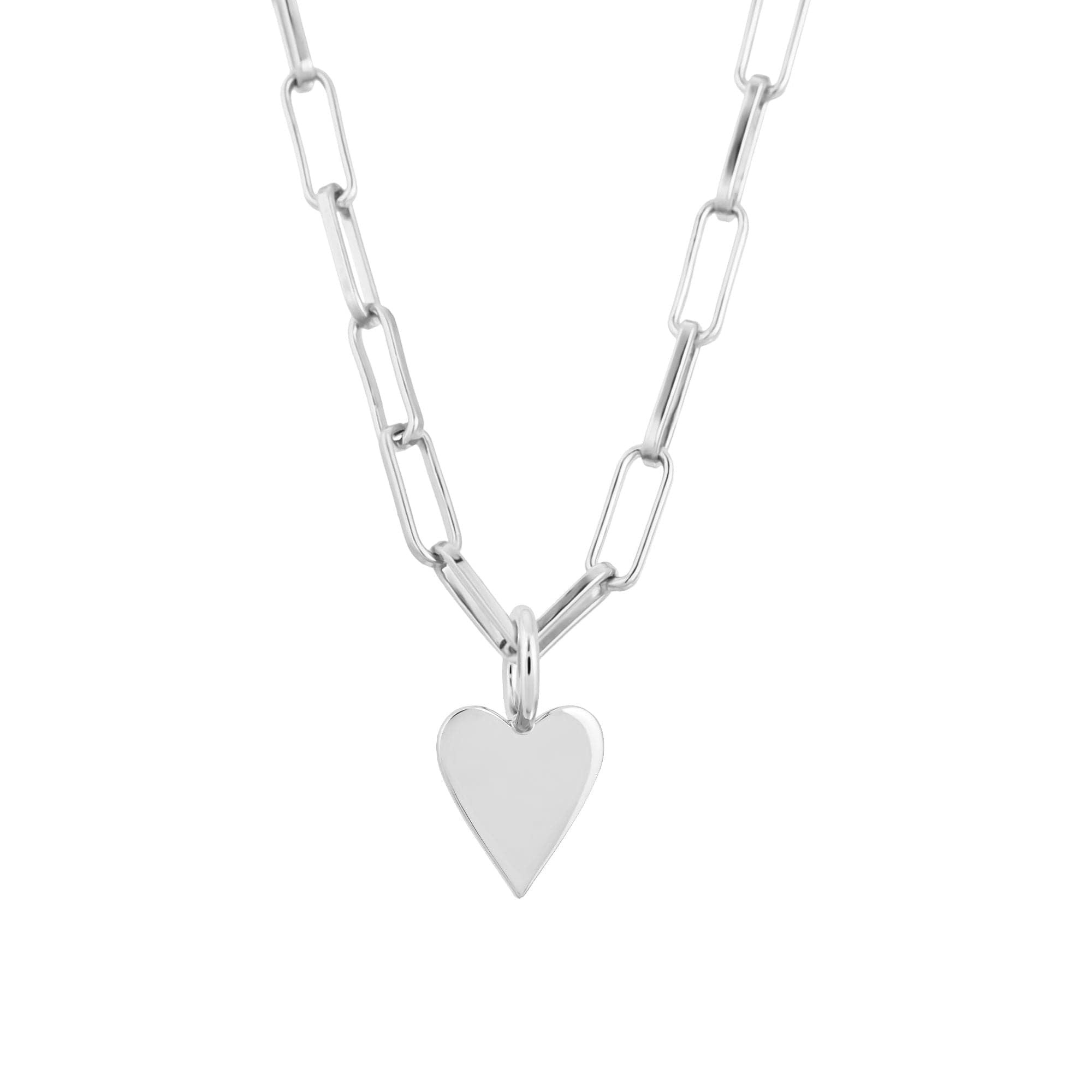 Silver chain-link necklace featuring a heart pendant and small Helena charm