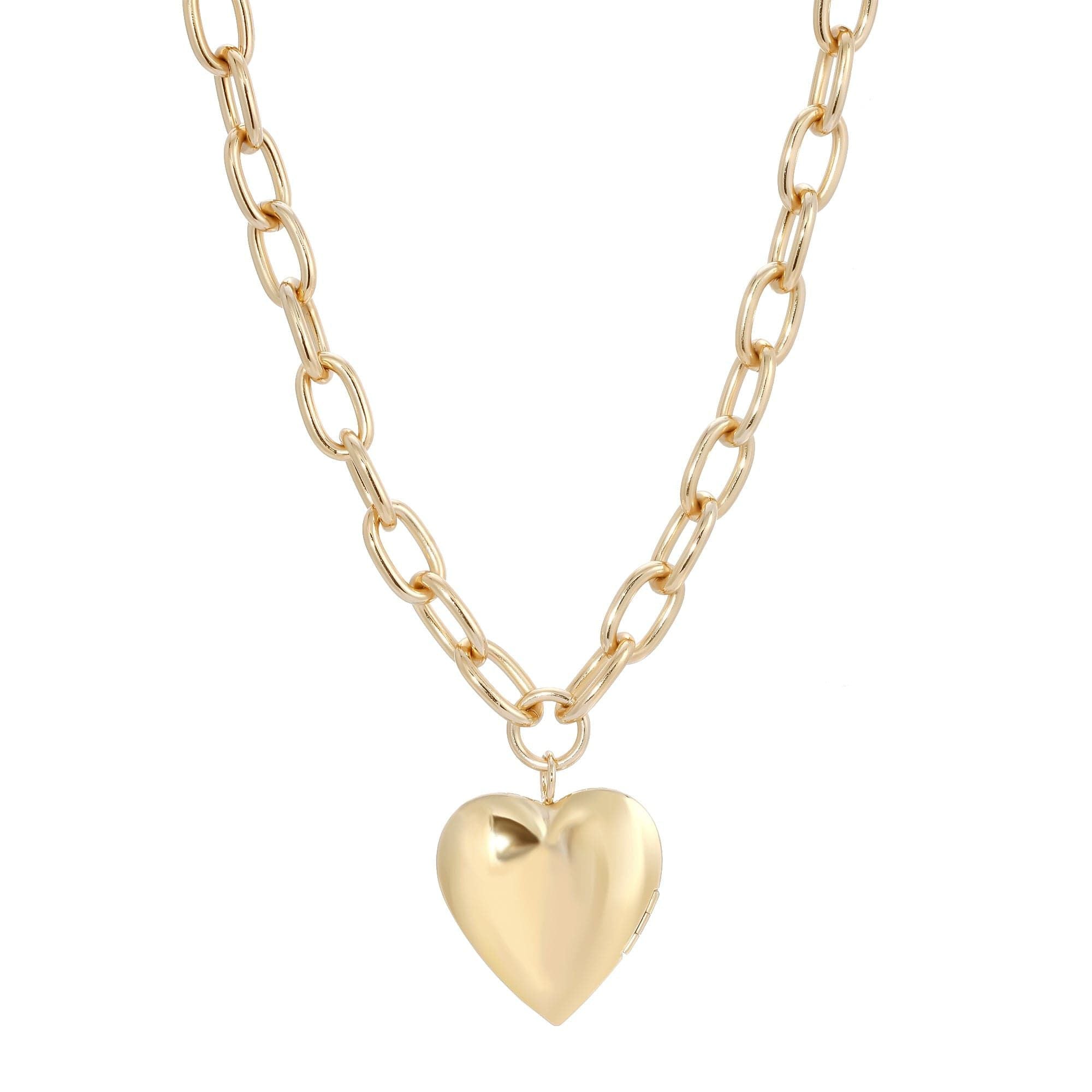 Gold Holden Necklace features a heart locket opens design on a rounded link chain