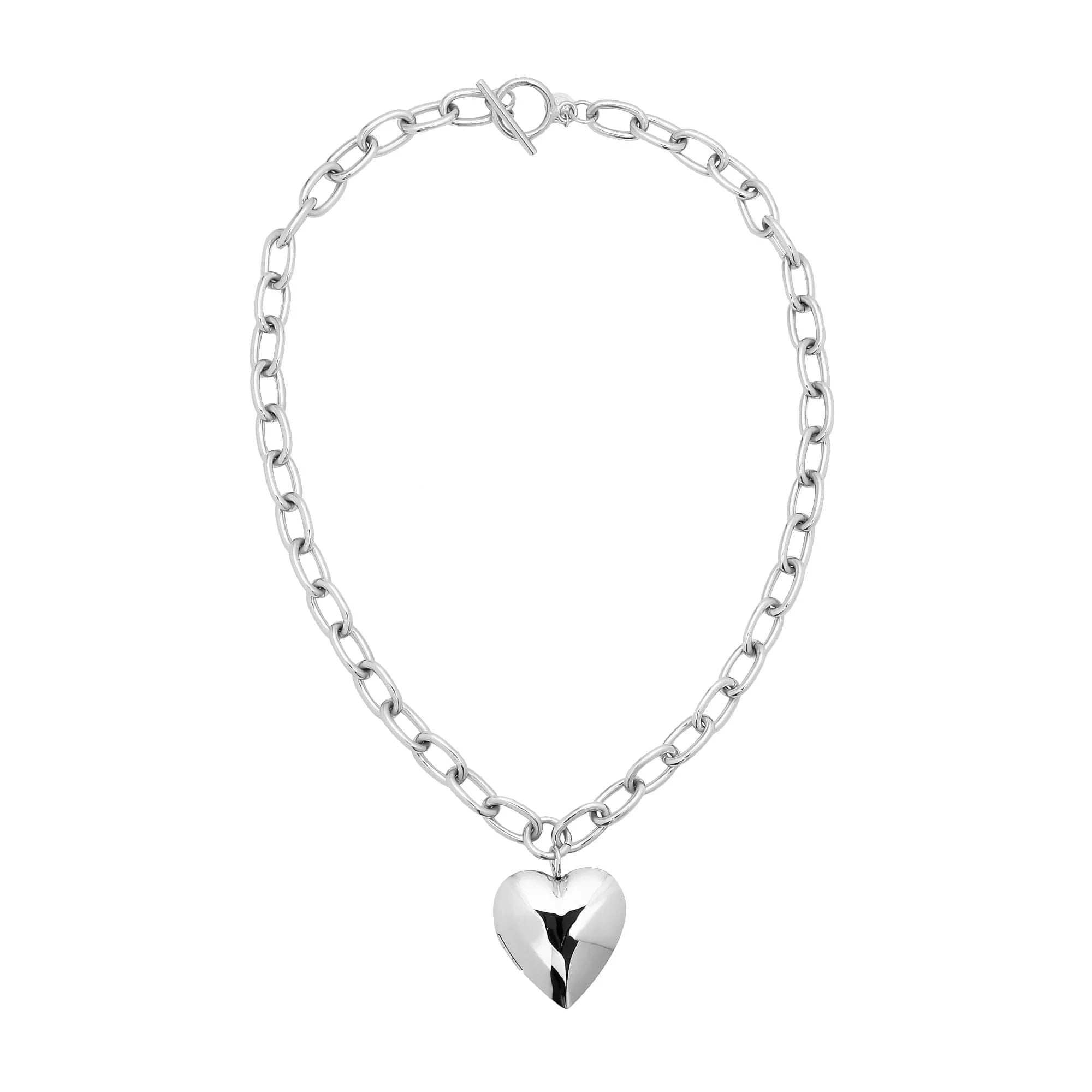 Holden Necklace with silver rounded link chain and heart locket opens, recycled brass plating