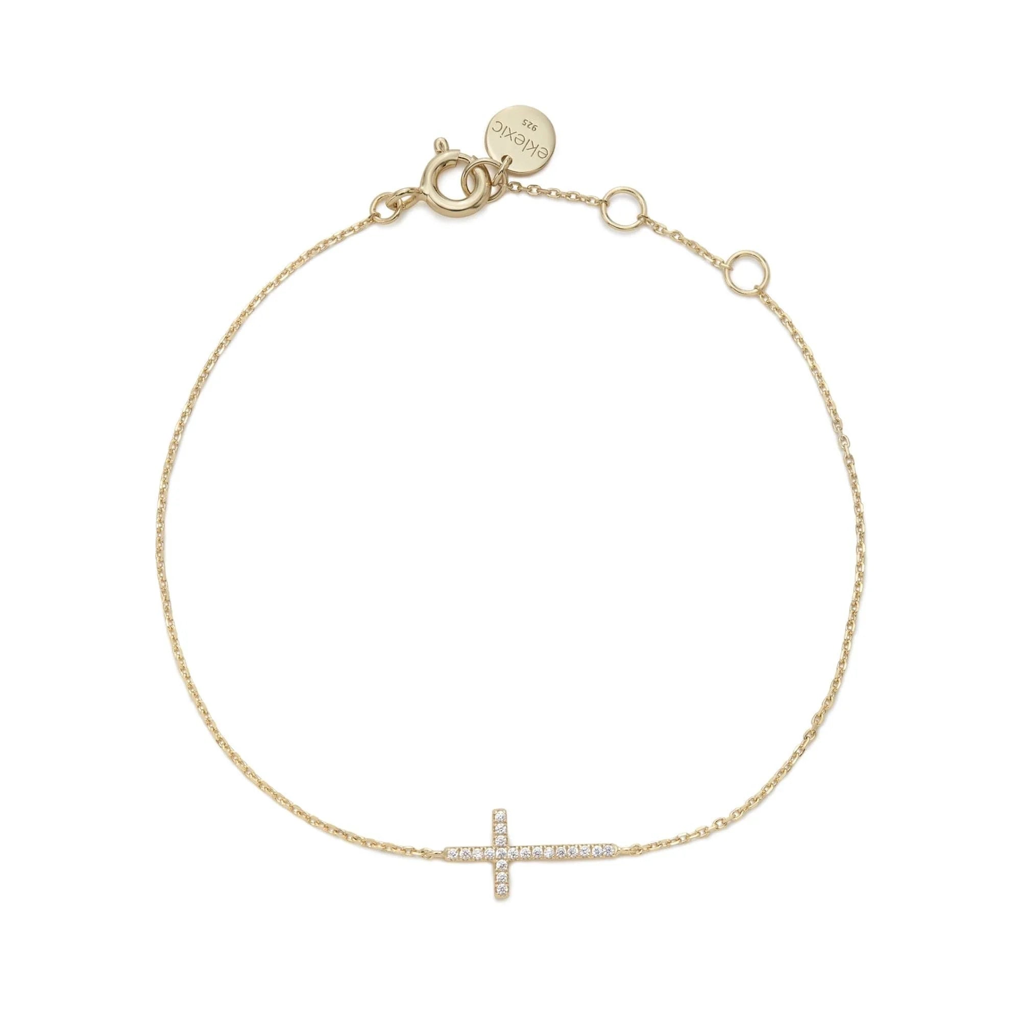 Horizontal CZ Cross Bracelet - 14k Gold Plated Sterling Silver