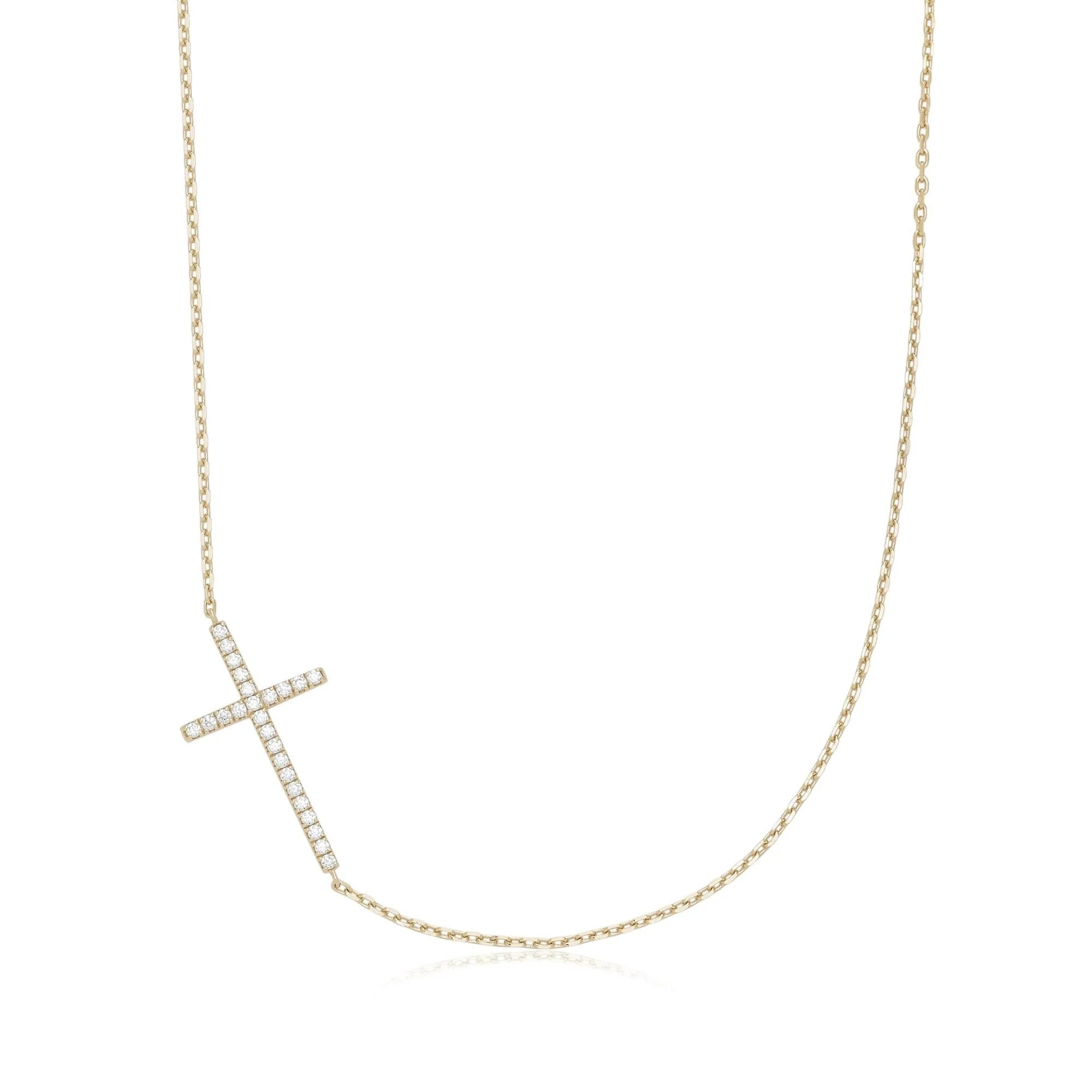 Horizontal CZ Cross Necklace - 14k Gold Plated Sterling Silver