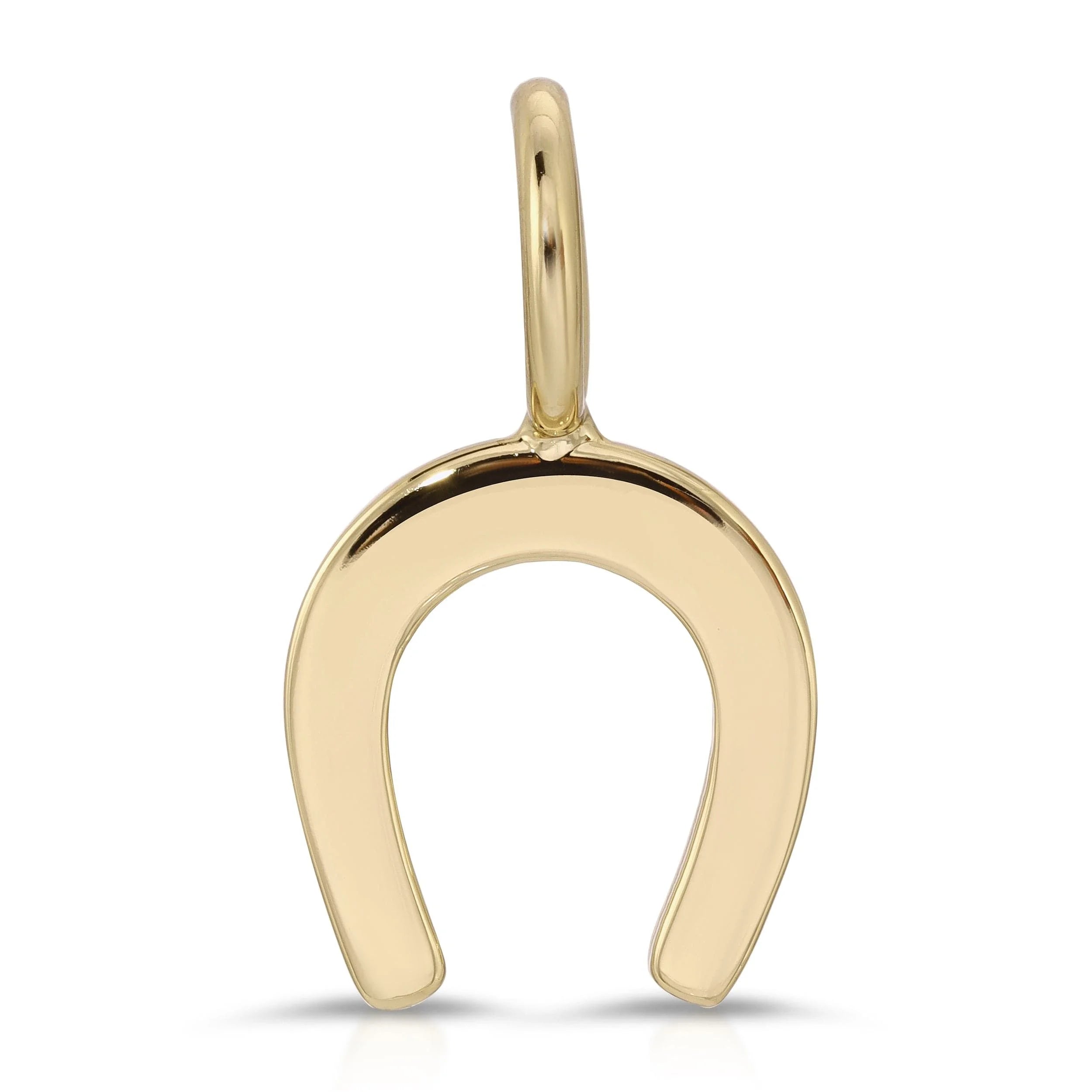 Gold horseshoe pendant in recycled brass finishes with rhodium plating for ecoat durability