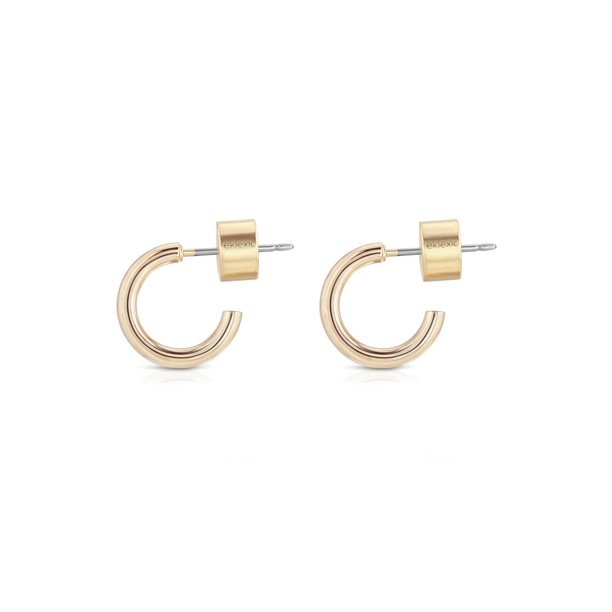 Pair of Jeanne Huggie Hoops in gold, made from recycled brass and hypoallergenic surgical steel