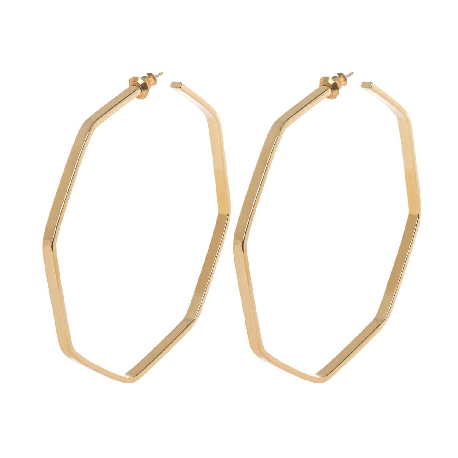 Gold geometric Octagon shaped hoop earrings, Jerry Hoops, 1 inch wide brass design