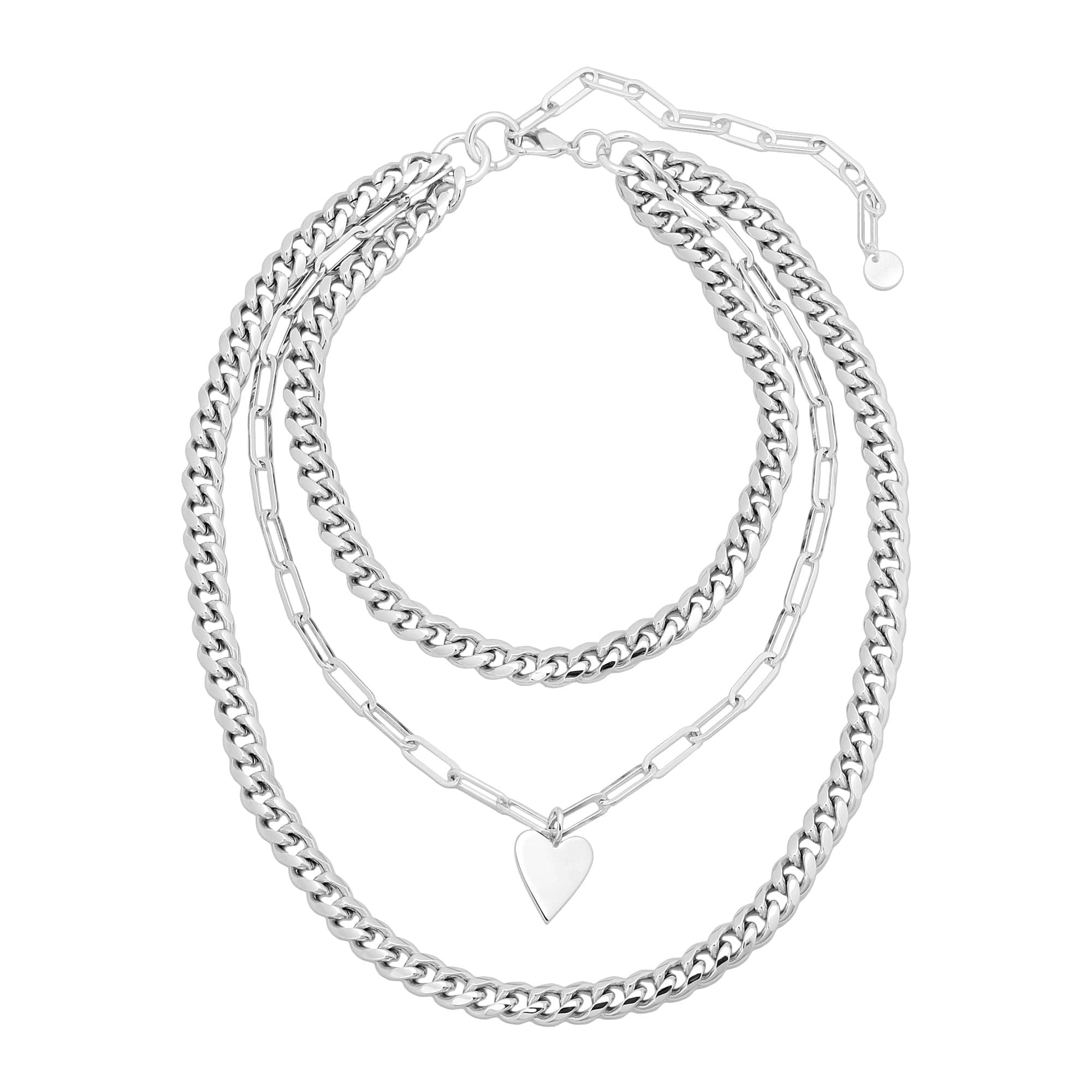 Silver Kingston Necklace featuring a layered chain design with a heart pendant