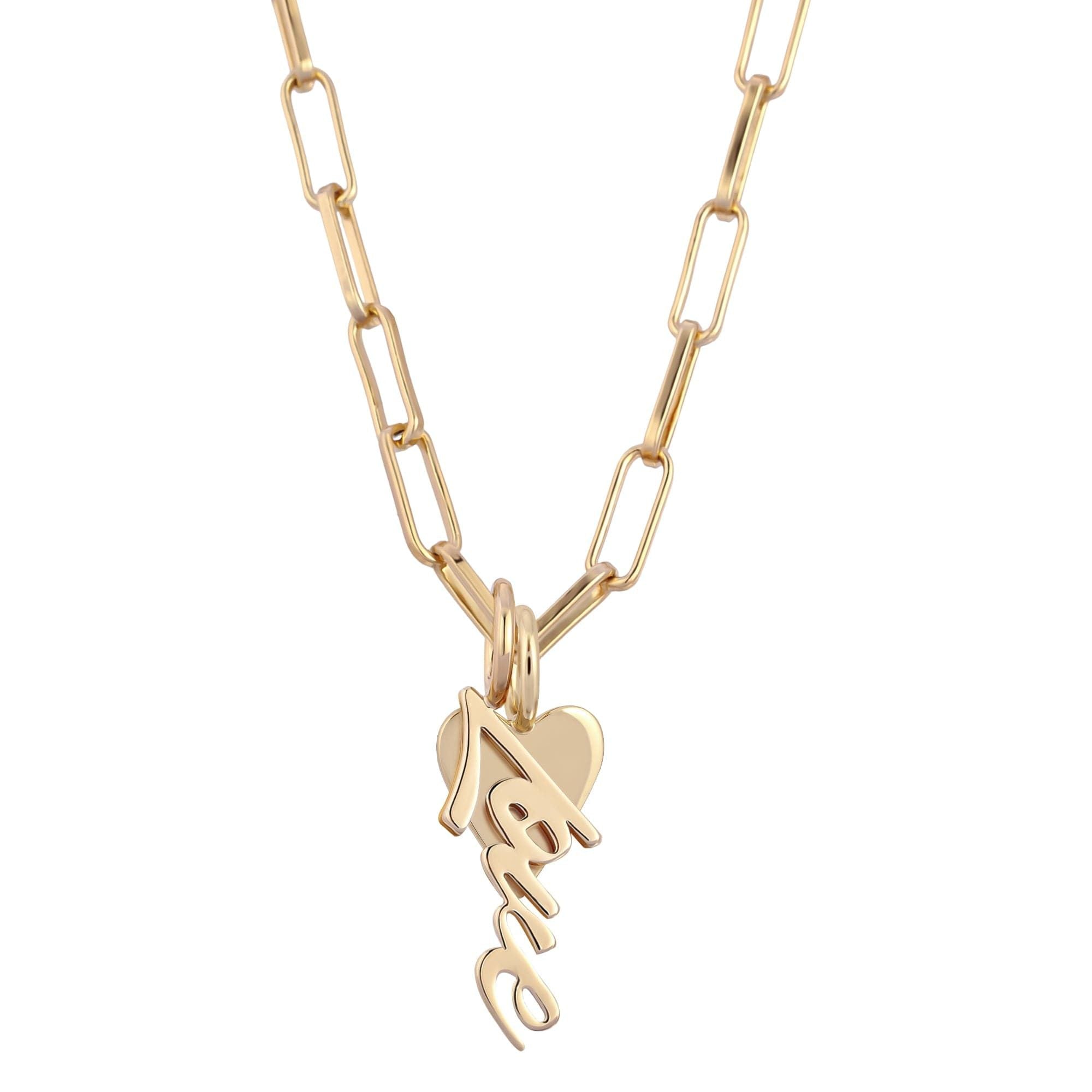 Gold chain necklace featuring Laira Charm with heart and name pendant