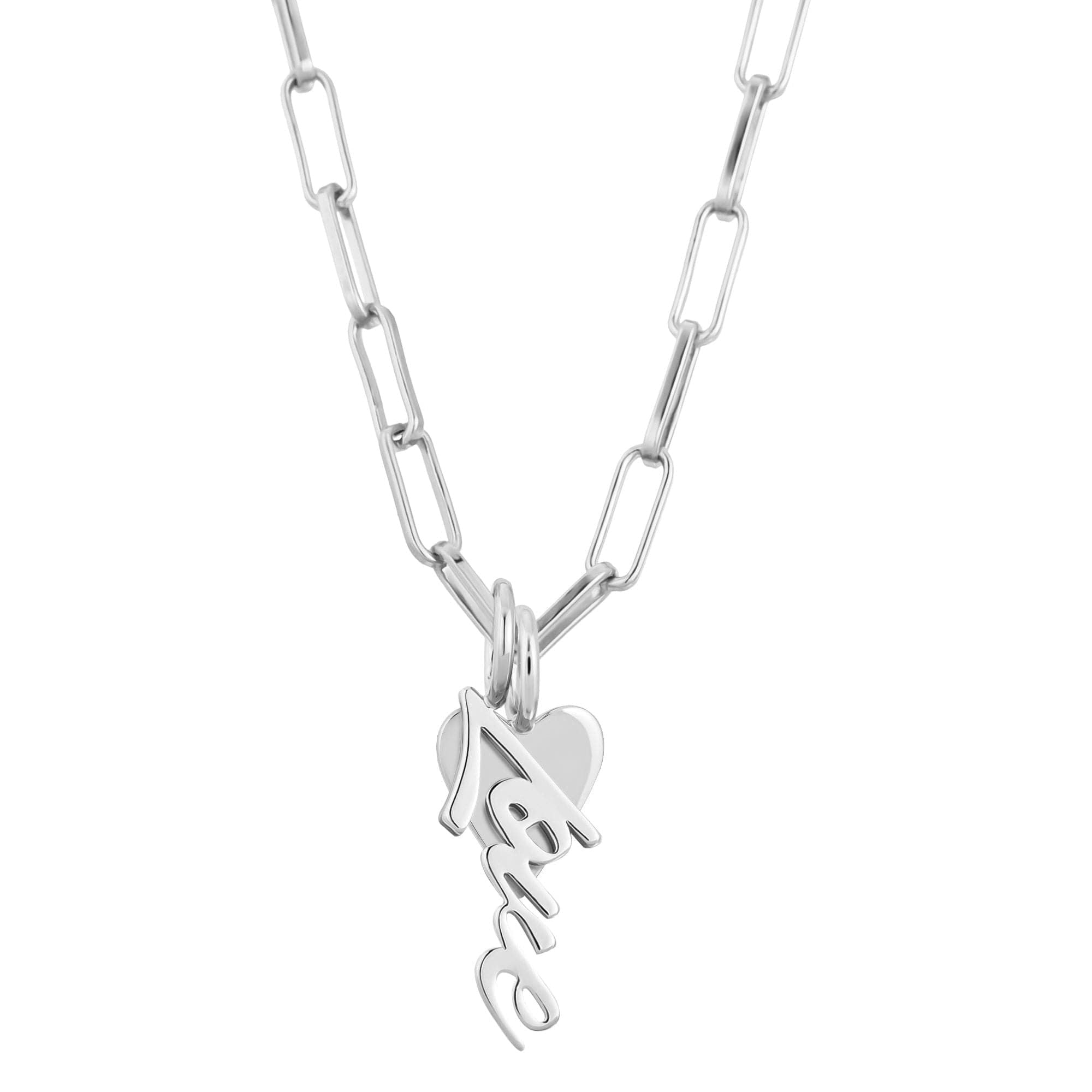 Silver chain necklace with heart and name pendant from Laira Charm, featuring elongated link chain